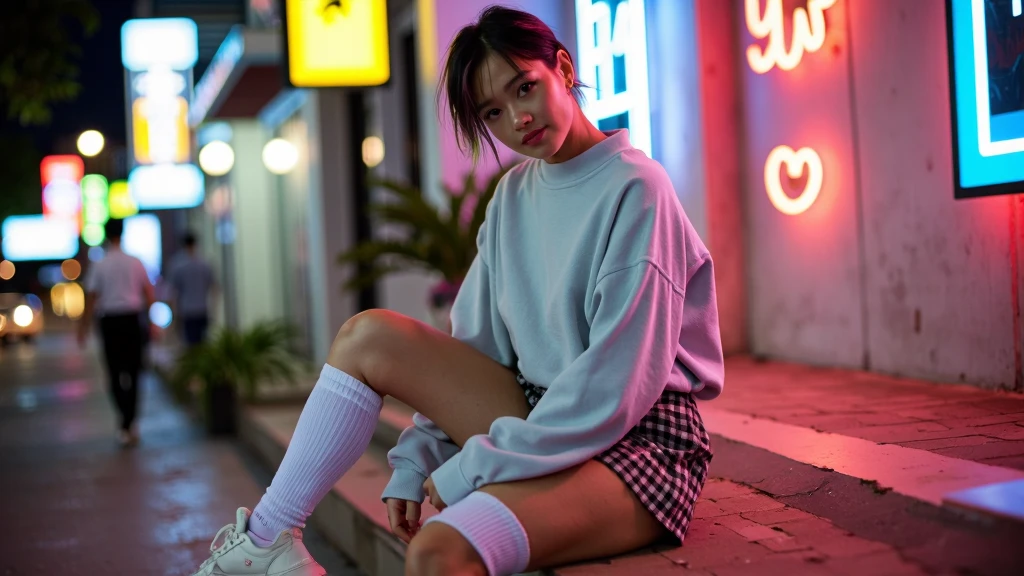 Full body view, feet in view, no shoes, night scene, sexy girl, posing, look at a camera and smile, pink ponytail hair, (green eyes:0.8), cute young face, pantyhose, short tennis skirt, sweater, no shoes, 18 yo, soft volumetric lights, (backlit:1.3), (cinematic:1.3), intricate details, (ArtStation:1.2)