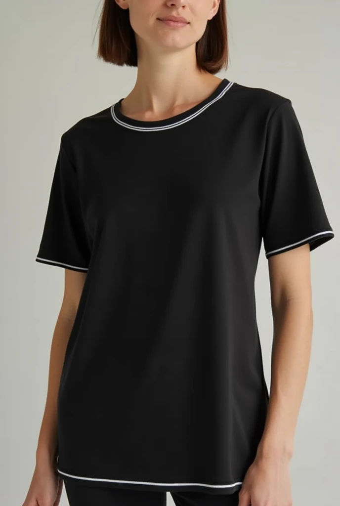 a woman in a black shirt polo and jeans poses for a picture, short sleeves, wearing polo shirt, collared shirt, front portrait, black, “organic, wearing a black shirt, or black, plain, black shirt, 3/4 front view, front-view, wearing a dark blue polo shirt, basic, black t shirt, collar on neck, no logo!!!