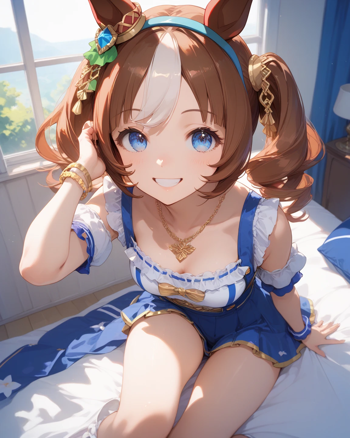(Best Picture Quality, 4K, High Quality, Masterpiece:1.2), ((Masterpiece)), High Detail, High Quality, (HDR,16k, RAW Beautiful Girl Portrait, Best Picture Quality, Masterpiece::1. 2), (Ultra-Definition Illustration), nsfw, idolmaster, idol costume, , spotlight, extremely cute, brown hair color, sleeveless, detached sleeves, (yellow & blue frilled dress with flower stitches:1.3), tiara, showing armpits, embarrassed, crying, pantyhose, colorful wet race lingerie, spread legs, open chest, cum on pussy