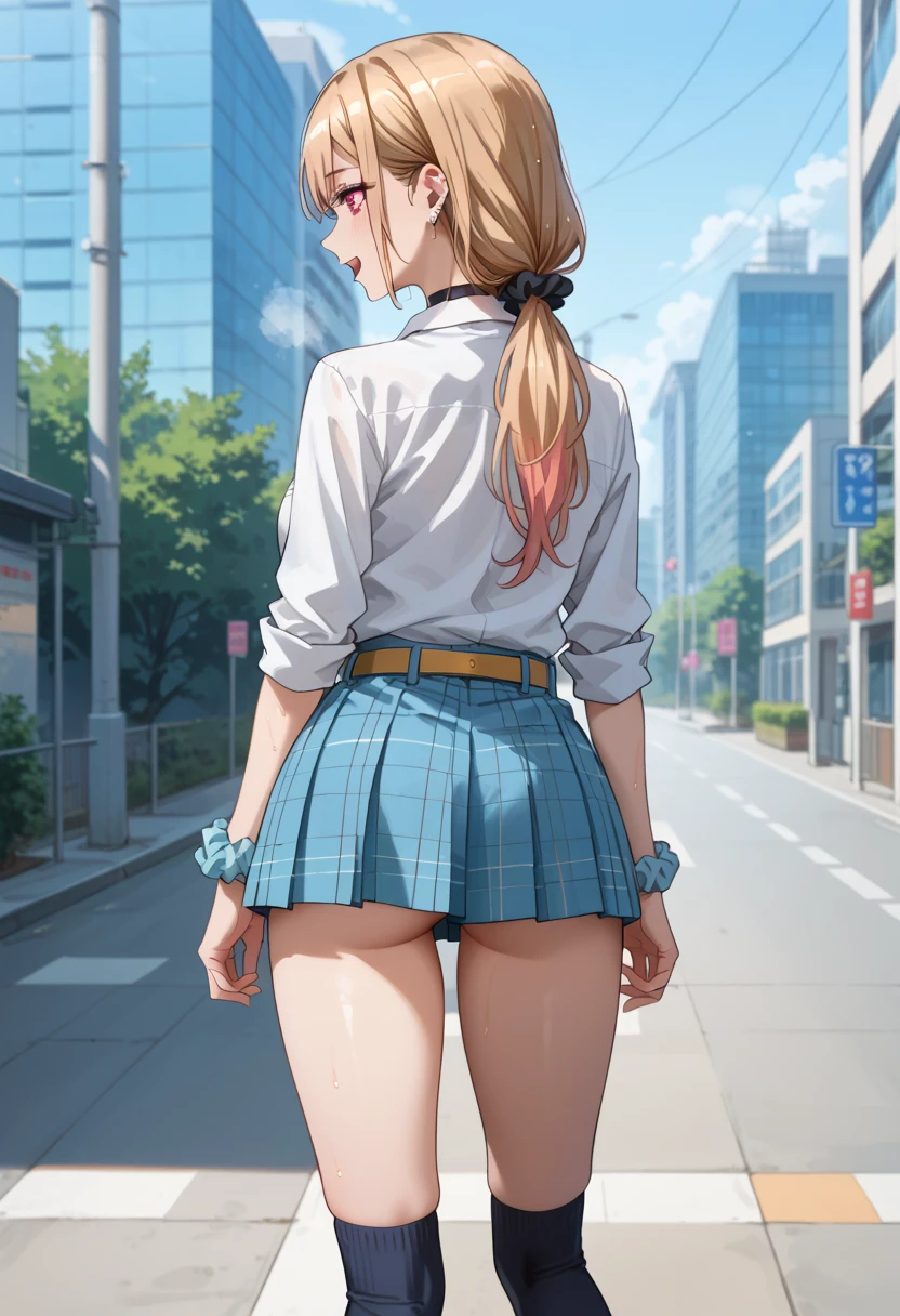 Yukana Yame, Yukana Yame, Long hair, Bangs, Blonde hair, hair between eye, (Green eyes:1.5), Ponytail, multicolored hair, Scrunchie, High Ponytail, lip stick, gals, Kogal, makeup,BREAK skirt, Shirt, Jewelry, , 鎖骨, White shirt, Pleated skirt, Collared shirt, Miniskirt, 手链, Green skirt,Naughty big、large full breasts、BREAK looking at viewer, Full body,BREAK (masutepiece:1.2), Best Quality, High resolution, Unity 8k壁纸, (Illustration:0.8), (Beautiful detailed eyes:1.6), extra detailed face, Perfect Lighting, extremely details CG, (Perfect hands, Perfect Anatomy),Smile with open mouth、Stand on the escalator, (By up escalator), (lower body shot), Thigh Focus, (taken from the under:1.3), (view from back:1.3)、 (black panties:1.3)、(Skirt that rolls up:1.3)、(Fully exposed panties:1.5),,plein air、outside of house、
