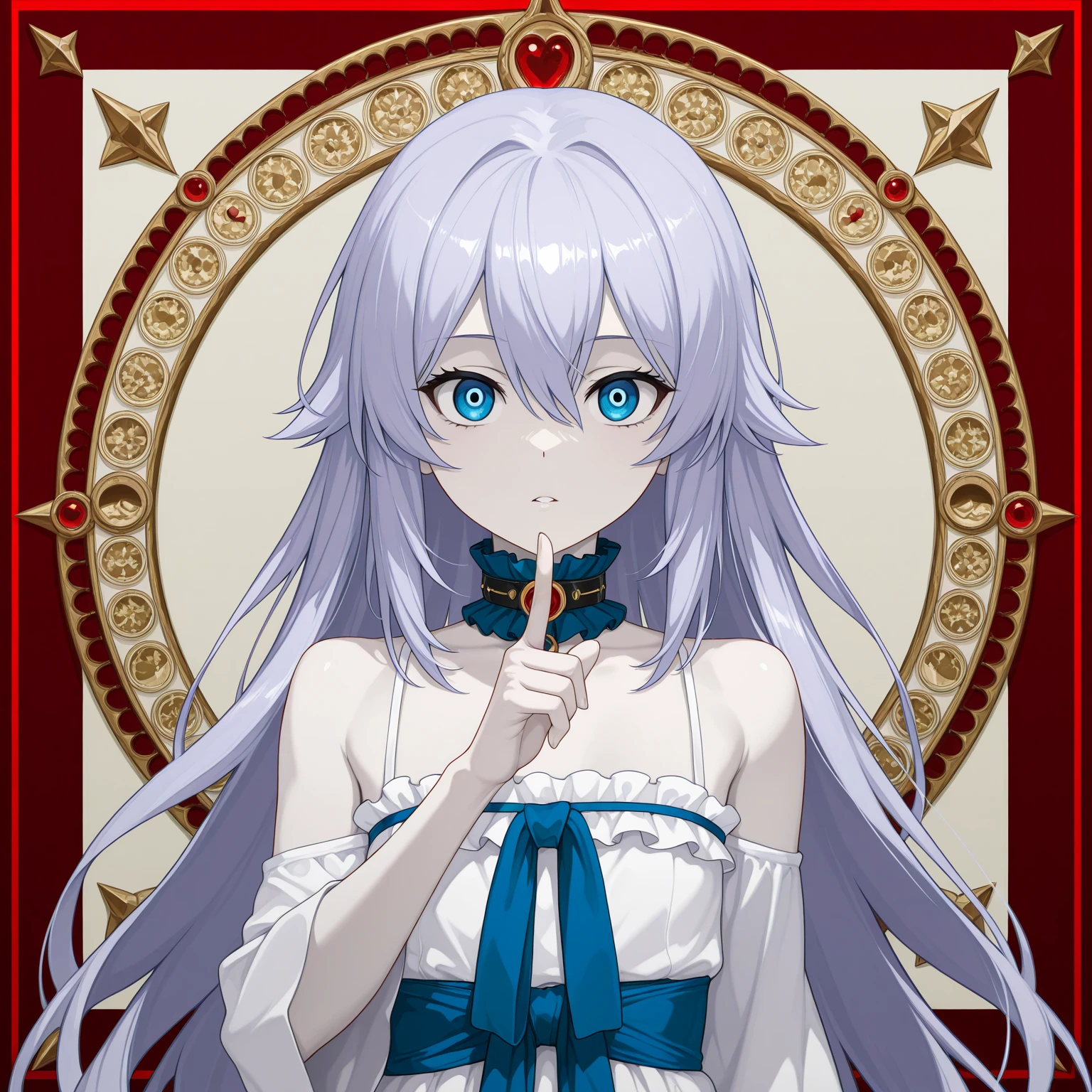 ((((masterpiece, Best Quality, Ultra-high resolution, Best illustrations)))), ((Portrait of a person standing against a white background)), (Very delicate and cute face, Sparkling Eyes), (((black sclera, small white iris))), A beautiful girl named "Sinza" in black dress is standing diagonally to the left alone, white long hair, white small iris, black sclera, black deep v dress, full body portrait, evil smile,