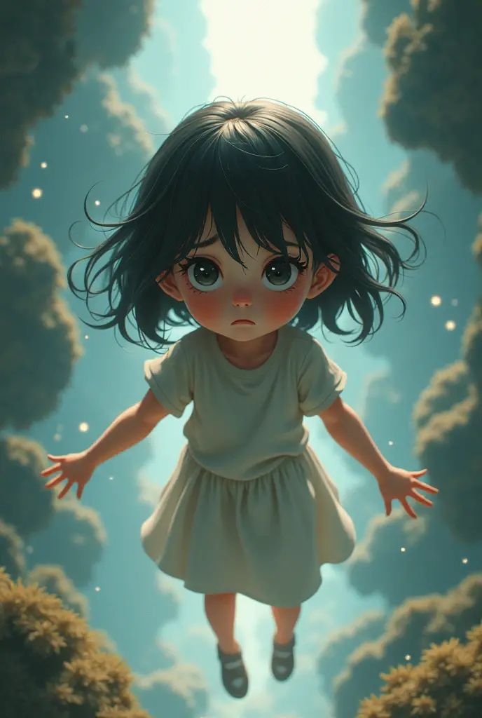 A girl with a worried look on her face, floating surrounded by a parallel world