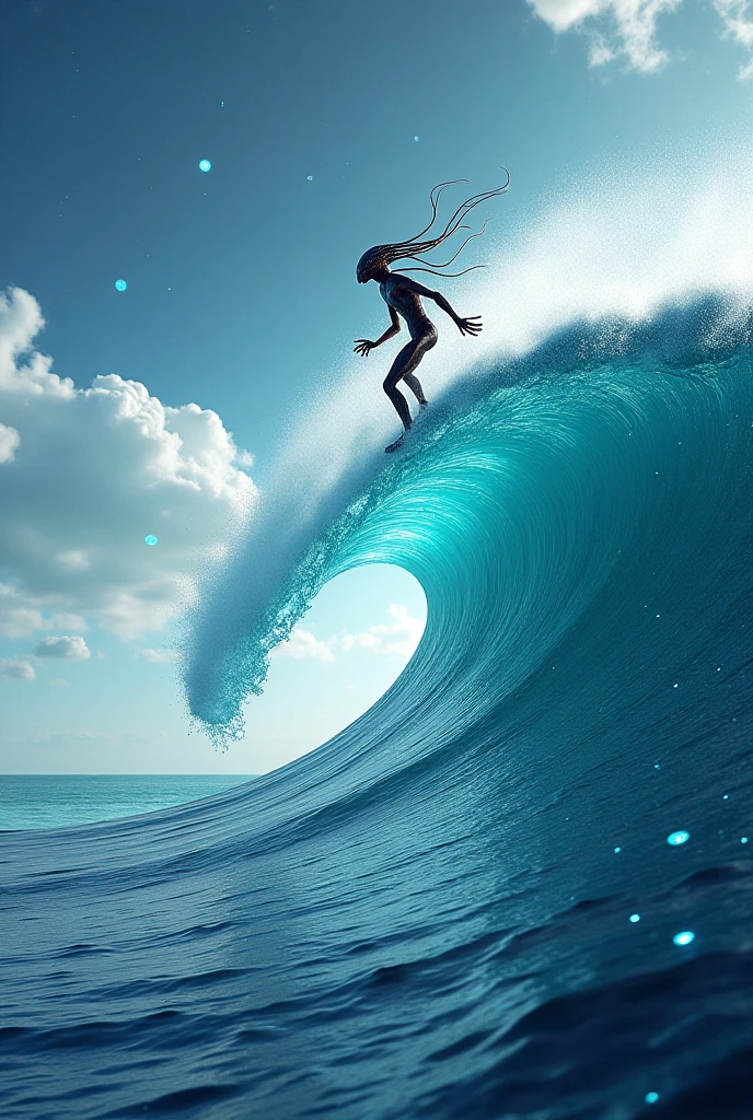 The goddess who controls the sea,Walk the coast,Blue sand beach,beautiful,Backlight,Surrealism,Godhead,Cyber Surge,Blue-black tones,Light shining through the smoke,scattering,refraction,diffuse reflection,Tyndall effect,Brownian motion,Light beam,Dark Environment,Blue Coast,Blue and white ocean,Aerial View