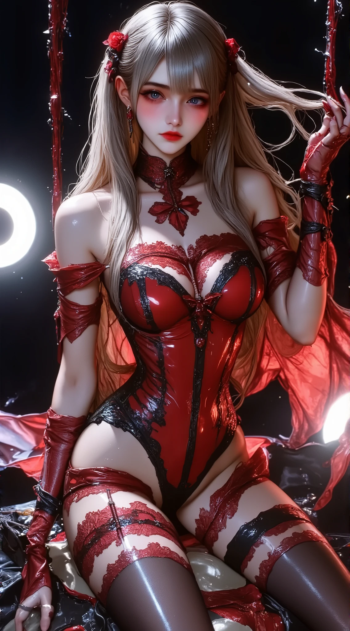 Lovely and beautiful face, one hand pinched chest, black translucent hole tearing black silk tights, red net deep into the skin