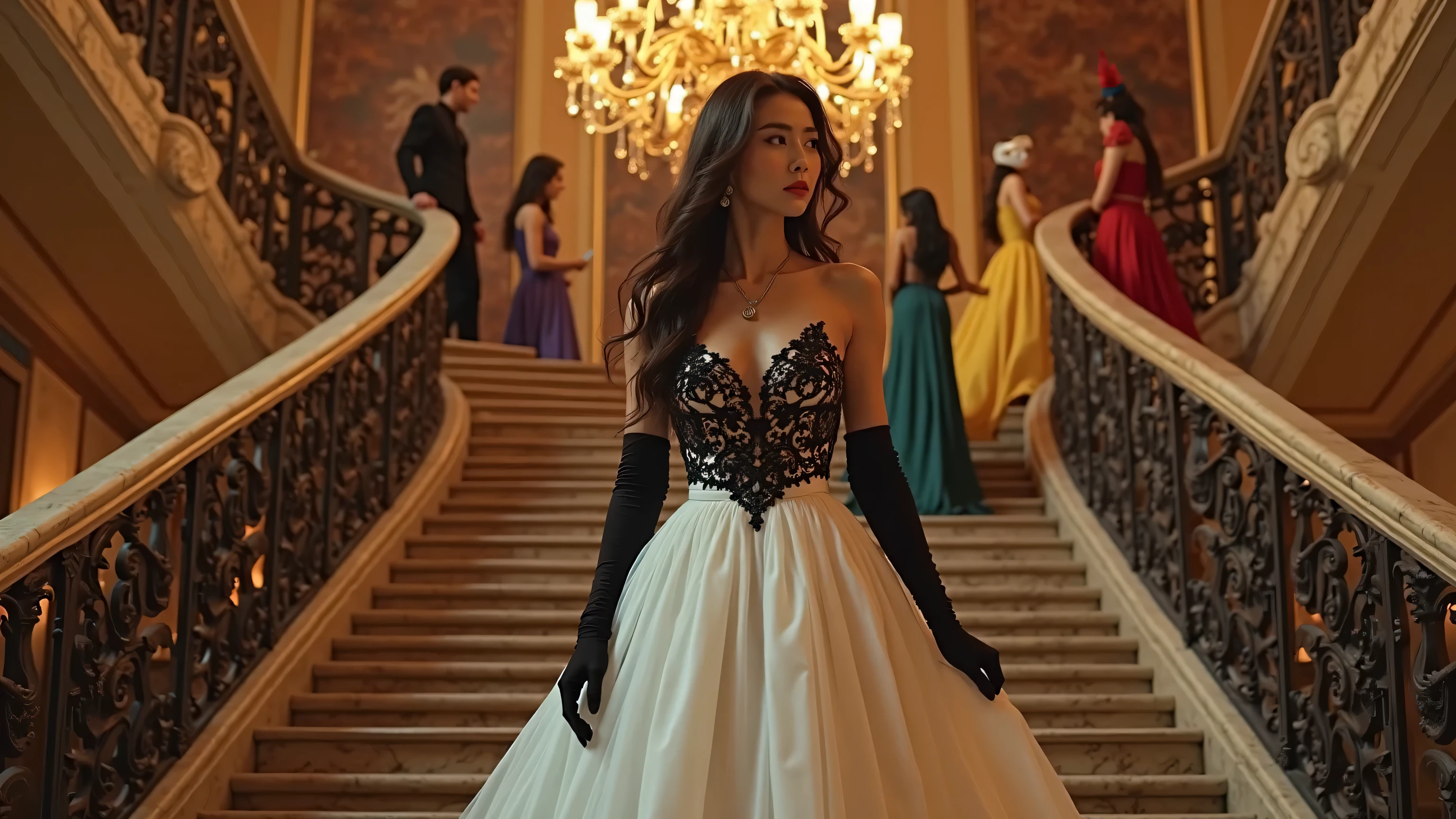 Techno Chandelier Fashion: Luxurious outfits that incorporate the aesthetics of chandeliers。Shiny crystal and glass parts、Decoration that sways with your movements。Featuring a brilliant design。The background is the Paris Fashion Week runway。