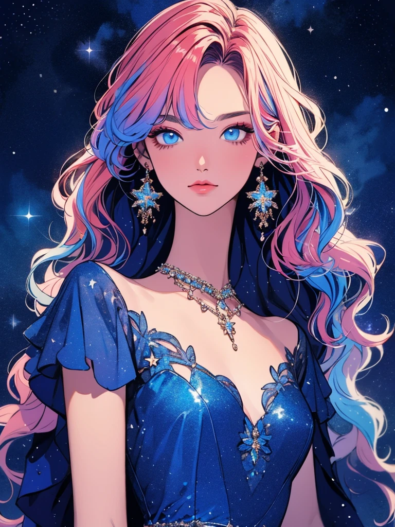 A girl with long, wavy pastel pink hair adorned with a blue streak, styled in loose waves that cascade down her back. She has bright blue eyes that sparkle with a unique power. She wears an elegant outfit consisting of a flowing, layered dress in shades of blue and silver, with intricate embroidery and lace details. The dress features a fitted bodice and a flared skirt that moves gracefully as she walks. She accessorizes with delicate jewelry, including a silver necklace with a star-shaped pendant and matching earrings. A small star-shaped tattoo near her collarbone adds a unique touch to her appearance.