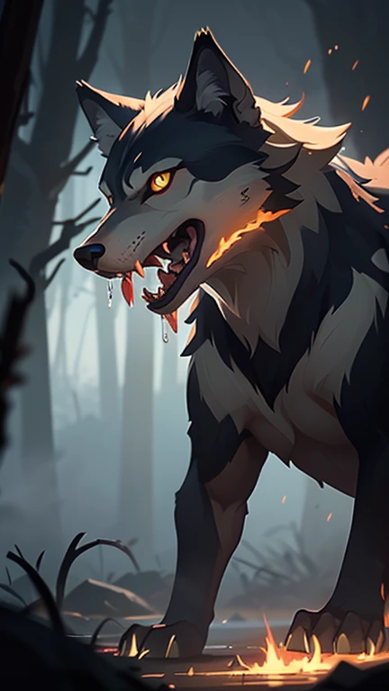 create an image of Melanie Martinez crying in a forest at night near a wolf's head