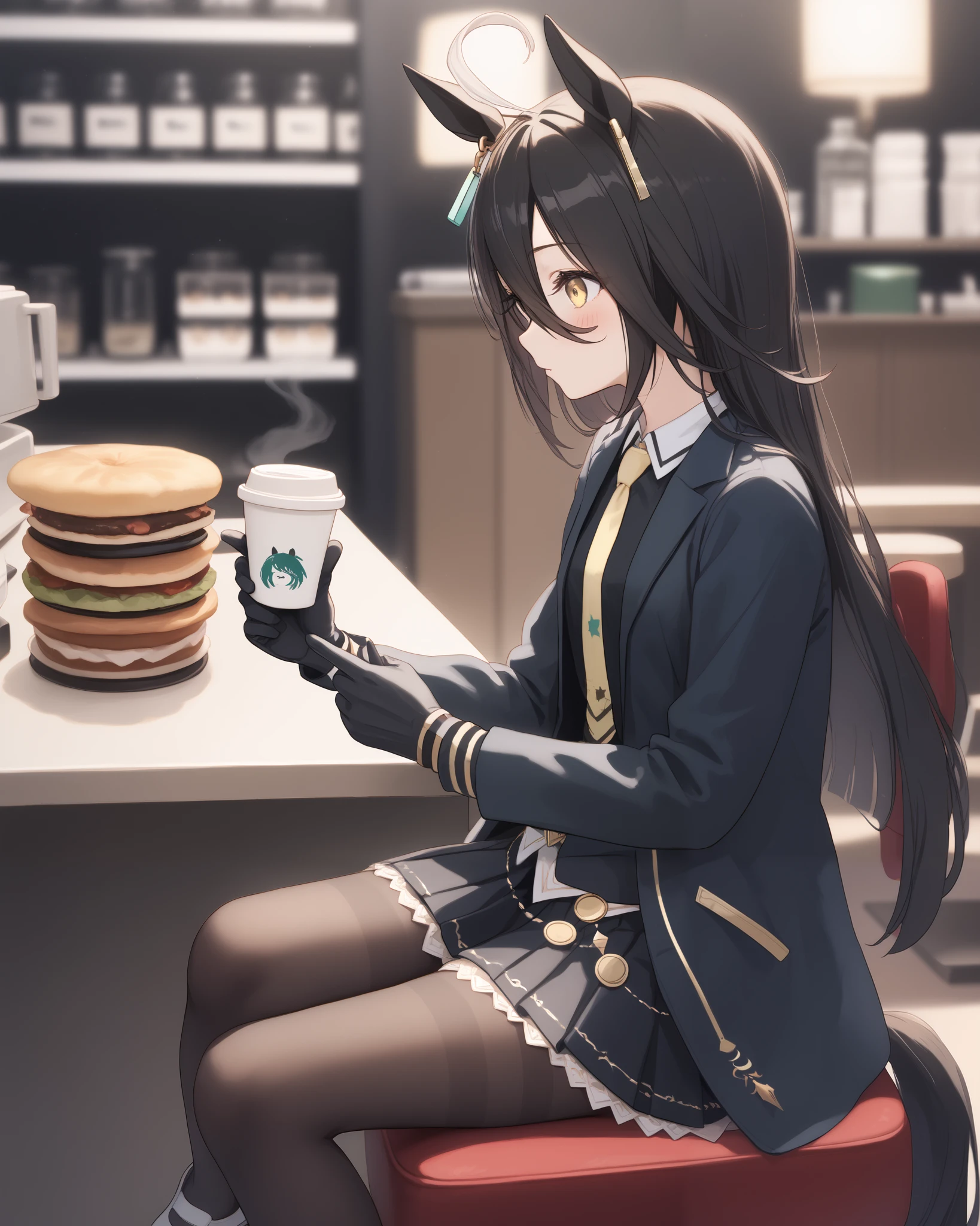 mht race, manhattan cafe (umamusume), ahoge, animal ears, black gloves, black hair, black jacket, black skirt, collared shirt, earrings, gloves, hair between eyes, horse ears, horse girl, jacket, jewelry, long hair, long sleeves, multicolored hair, necktie, shirt, single earring, skirt, yellow eyes, black coat, black pantyhose, black shirt, coat, highres, pantyhose, white footwear, yellow necktie, pleated skirt, horse tail, tail, very long hair, blush, eyes visible through hair, long hair between eyes, eyebrows visible through hair, 1 girl, Alone, anime style,cute girl,Best Quality, super detailed, anime style,8k, high resolution, detailed face, Character's Upgraded Image,((clear face)),(I'm dyeing my cheeks a little red),(( Inside the Coffee Shop)),(clothed),((coffee cup in one hand while sitting on a chair in a coffee shop))morning,Above the knee images,(Smooth Thighs),(character up image from the thigh),Diagonal side view,high image quality,