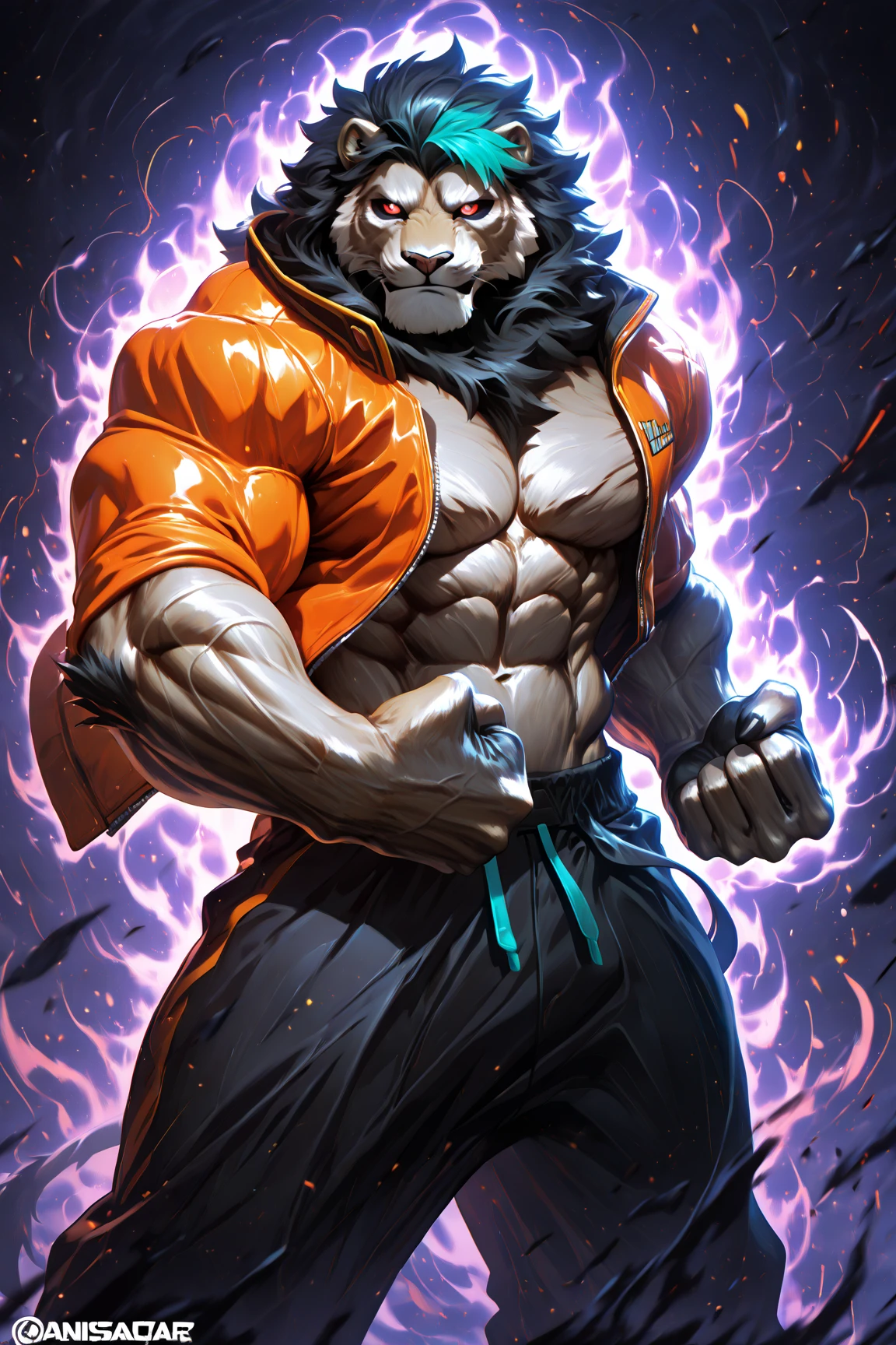upload on e621), (Masterpiece), (Pino Daeni), (null-ghost), (kiyosan), (best quality), (ultra high res), 4K, (8k HD), 2D, (perfect anatomy), (digital art), (official art), (extreme detailed), (ultra detailed), (strapsanime), color, (soft shading), (sharp focus), (((excessive purple fire both fists))), (((training underground background))), 1man, orange body fur, black stripes, (((orange muscular arms))), white pecs and belly, detailed fluffy fur, (ultra detailed face), detailed eyes, detailed iris eyes, (((detailed green eyes))), (white sclera), black pupils, (((navel))), (((abs))), (((pectoral))), (normal stance pose) (((black claw nails))), furry tiger male, mature male, (((full body))), normal height, (((orange with black stripes ripped muscular body fur))), feline, (((black nipples))), (((large ripped muscles))), (((large ripped pecs))), (((large ripped biceps))), cat, mammal, orange tiger, tiger male, intense face, serious expression, (((badass))), tiger anthro, solo, standing, (((wearing full complete white training outfits))), (((white training overalls))), (((dark black short hair))), (((dark black short back hair))), (((dark black short dreadlocks hairstyle))), (((perfect fingers))), (((five fingers))), (((orange hands and fingers))), (((wearing fingerless black and grey gloves))), (((black fingerless combat gloves))), (((black long headband))), (((white open training outfits)), (((blackbelt))), (((orange and black stripes long tiger tail))), (((white long pants))), (((excessive purple fire aura flow entire body)))