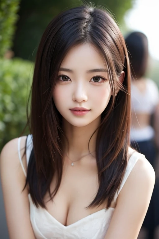 super high quality, (8k, RAW Photos, highest quality, masterpiece:1.2), Fashion Model, Slender, Japanese gal, Serious expression, brown hair, Stylish, Fashion magazine shooting, ultra-detailed, perfect face, perfect symmetrically perfect eyes, perfect full lips, flexible female form, Realistic, Photorealistic:1.3, Beautiful Face, light brown hair, messy hair, Beautiful hairstyle, Normal chest, Neat clothes, (smile), (wearing clothes:1.3),