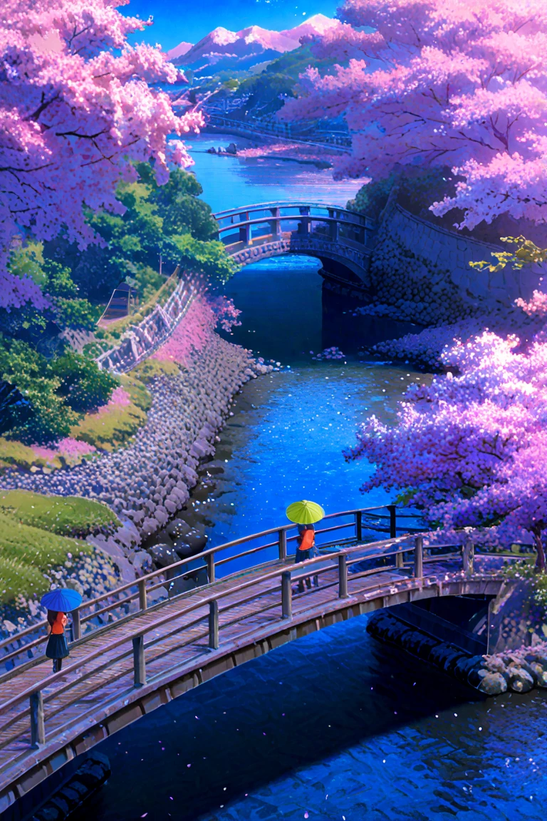 score_9, score_8_up, score_7_up, UHD, Masterpiece, amazing quality, very aesthetic, absurdres, ultra-detailed, makoto shinkai, sunny, colorful, semi realistic, cherry blossom, river, bridge, dynamic angle:1.5, panorama:1.2, cinematic:1.3
