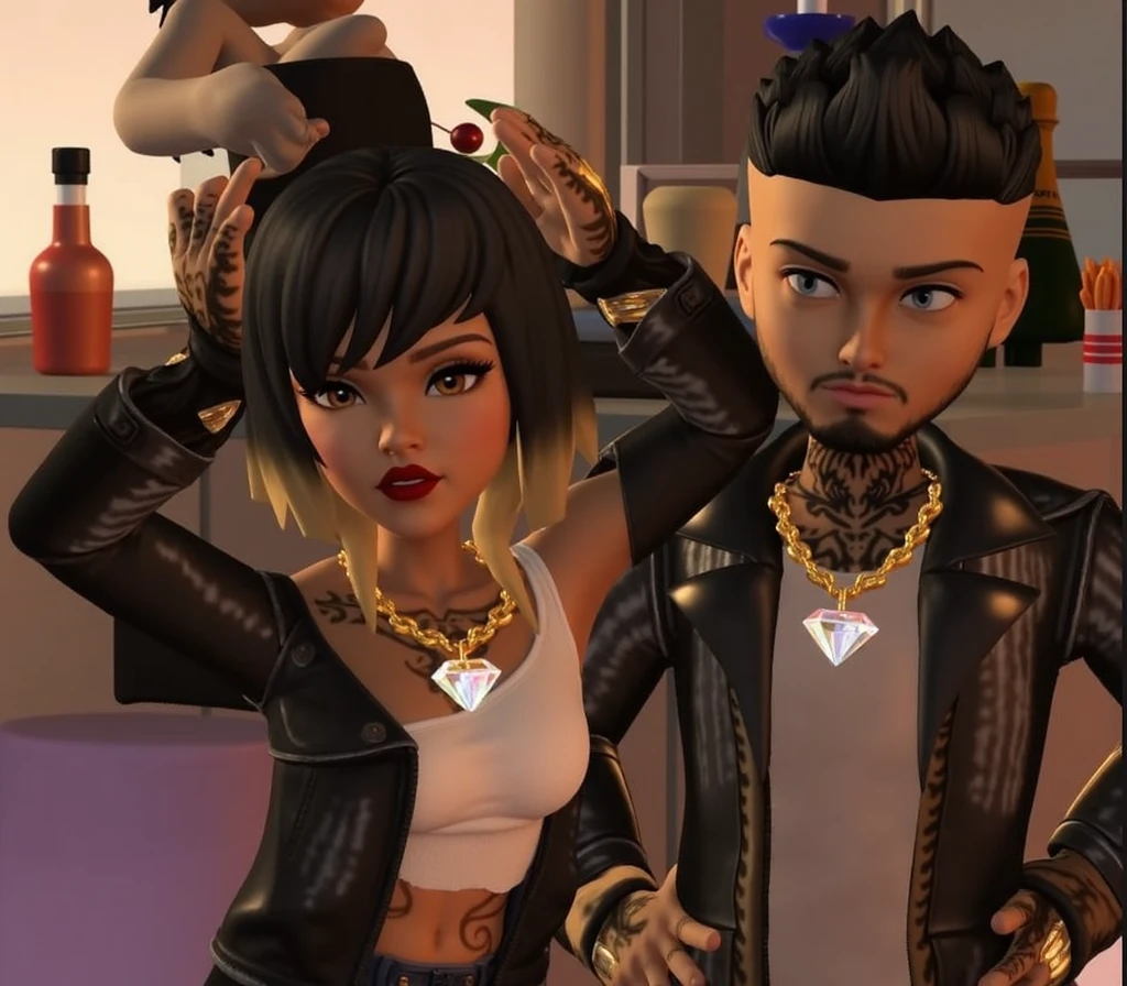 3D Light Skinned Couple, In The Car Background, Male Braids, Female Long Black Hair, Gold Crowns, Gold Chains That Say King And Queen, Male, Tattoos, Both Blowing Smoke Into Each Other Mouth, Hennessy, Hyper Realistic