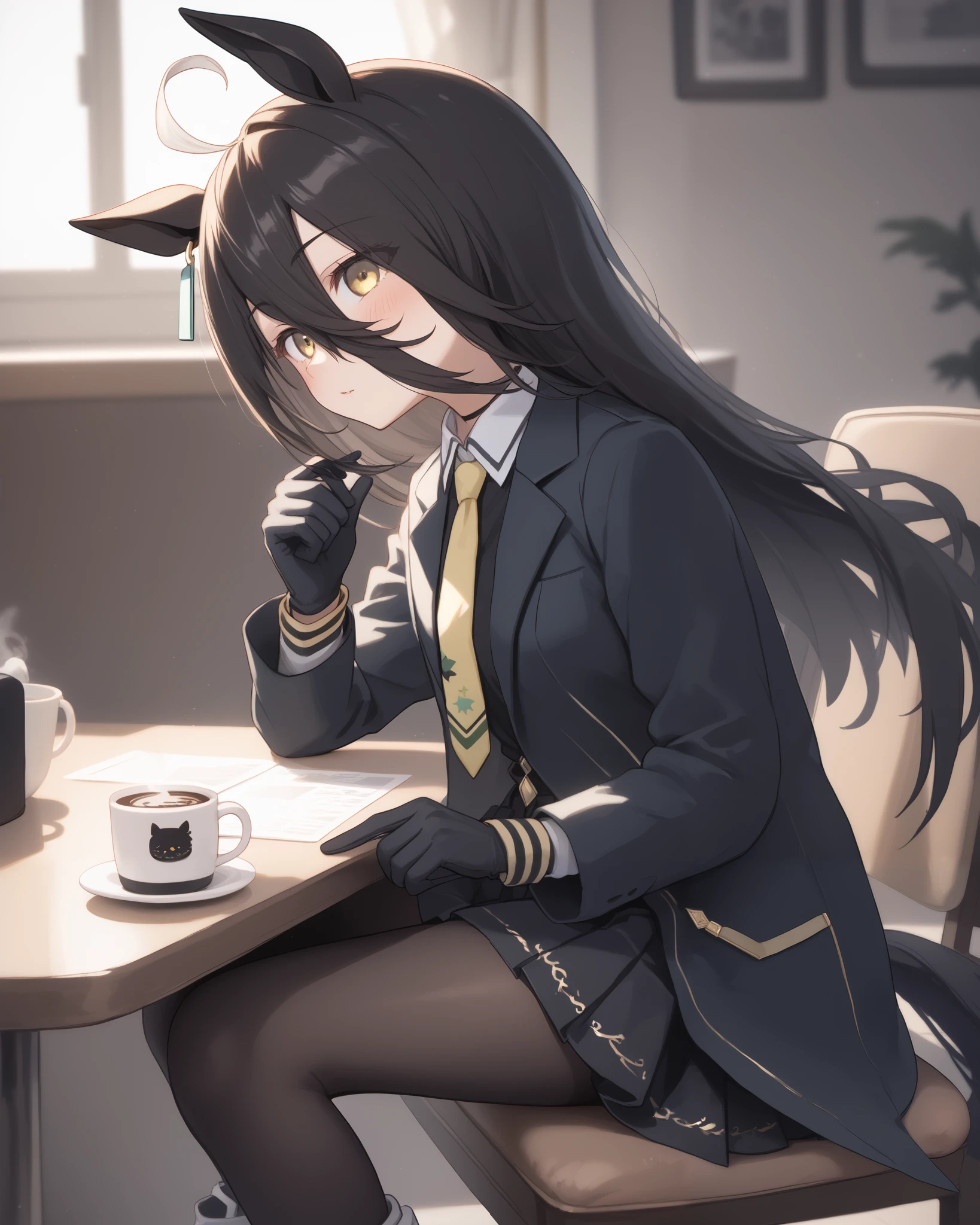mht race, manhattan cafe (umamusume), ahoge, animal ears, black gloves, black hair, black jacket, black skirt, collared shirt, earrings, gloves, hair between eyes, horse ears, horse girl, jacket, jewelry, long hair, long sleeves, multicolored hair, necktie, shirt, single earring, skirt, yellow eyes, black coat, black pantyhose, black shirt, coat, highres, pantyhose, white footwear, yellow necktie, pleated skirt, horse tail, tail, very long hair, blush, eyes visible through hair, long hair between eyes, eyebrows visible through hair, 1 girl, Alone, anime style,cute girl,Best Quality, super detailed, anime style,8k, high resolution, detailed face, Character's Upgraded Image,((clear face)),(I'm dyeing my cheeks a little red),((Sitting on a)),(( standing)),((coffee cup in one hand while sitting on a chair in a coffee shop))morning,Above the knee images,(Smooth Thighs),(character up image from the thigh),Diagonal side view,high image quality,