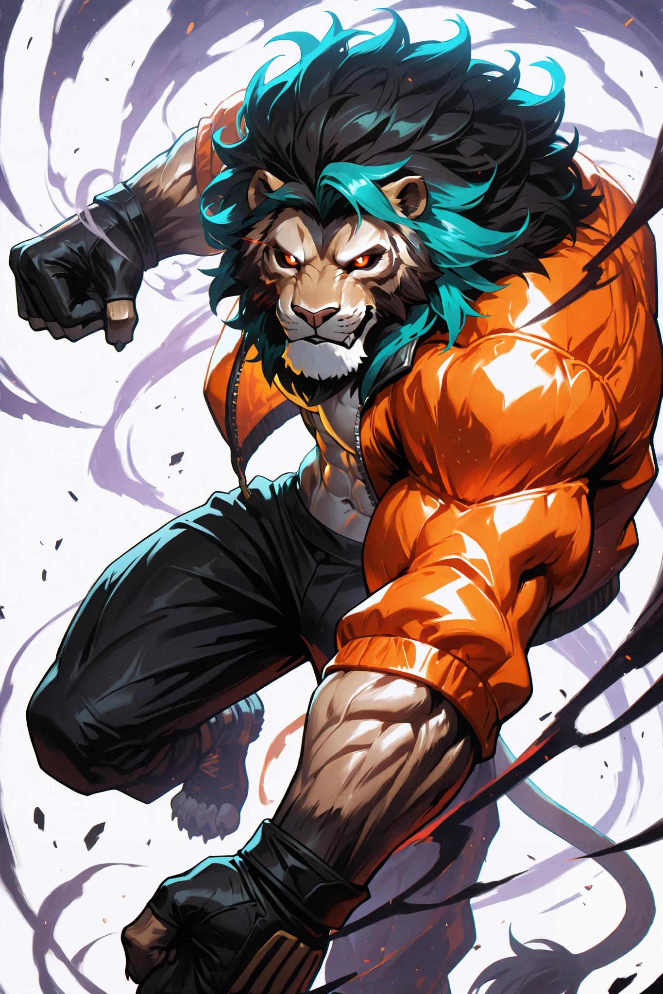 solo, silhouette, shadow of Titan Specter, male Lion Anthro, muscular Lion Anthro male character, wearing a Orange Biker Jacket, wallpaper quality, on a loading screen, fighting stance, solo, aura, waist up, ((human Tiger Anthro Male body)), Titan Appearance, Black Hair with Teal highlights, sinister stare, neon lighting, Red eyes, black sclera, glowing Red eyes, (Athletic muscles:1.5), Orange jacket, Black Ripped baggy pants, masterpiece,((Simple White background)), correct anatomy, correct hands, best quality,