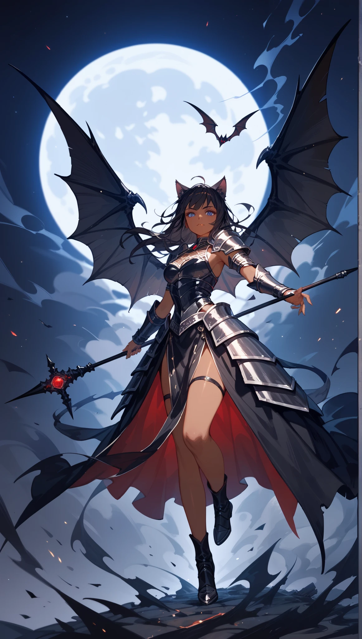 1 catgirl, solo, long black hair, pitch-black mana magic, dark blue eyes, sexy, tan skin, powerful, full body, black knight armor dress, black smoke, bright moon background, dark demonic wings