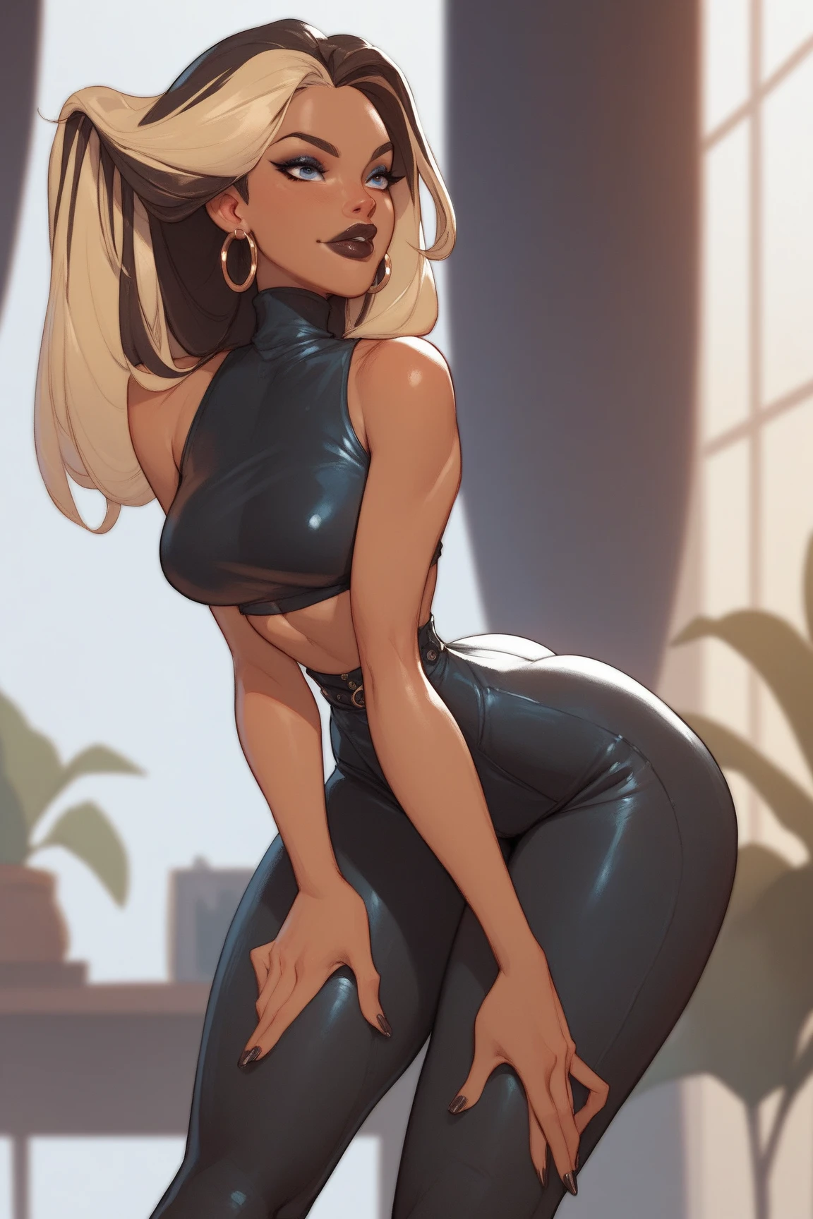 Portrait of a blonde, (cosmetics:1.4), amazing body, (toned figure:1.2), Lace set, Highly detailed fur, Natural skin texture, 4k texture, Detailed abdomen, Rich and perfect details , lightroom, iintricate, Surreal, up there, (HighDynamicRange:1.3), hyper HD, (iintricate Detail, ultra - detailed:1.1), Cinematic, Foto realism, (Dark shots:1.2), dramatics, hight contrast, (warm color:1.1) , pastel colour, tmasterpiece, Elegant, Focus sharp, Yoga pants, Bend over and touch your toes from behind