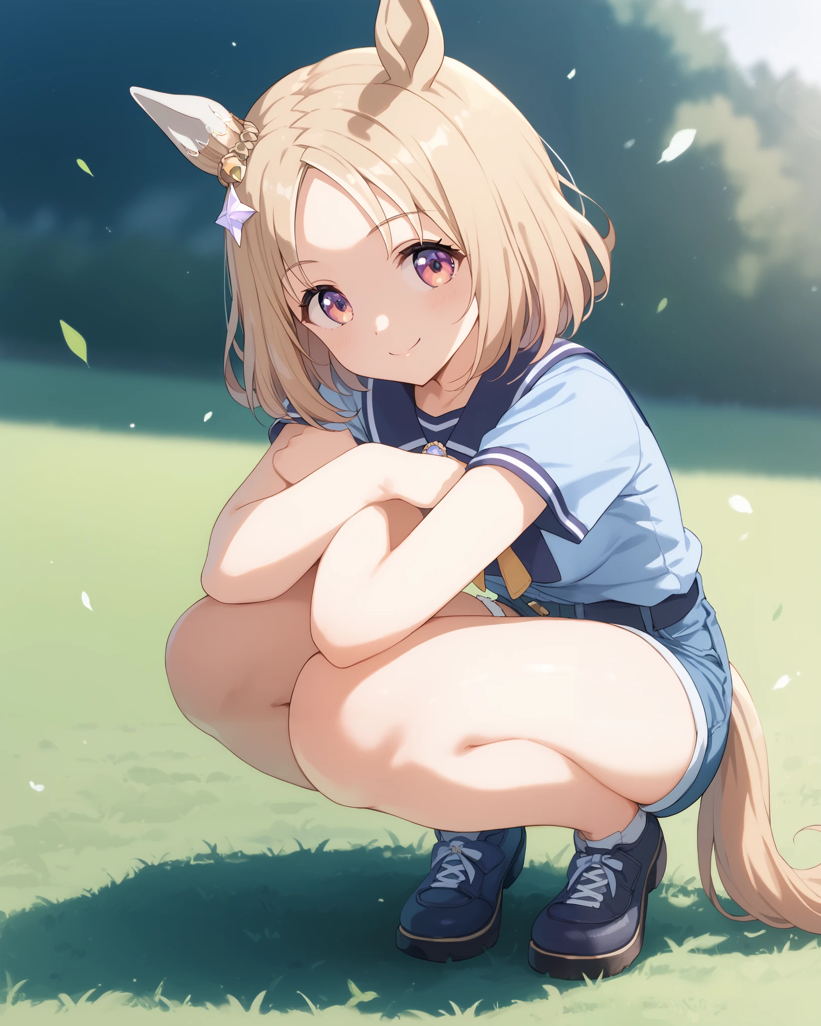 Narita, horse tail, short hair, animal ears, ear ornament, ear covers, single ear cover,1 girl, Alone, anime style,cute girl,Best Quality, super detailed, anime style,8k, high resolution, detailed face, Character's Upgraded Image,(smile),looking here,(light blue shirt),(beige mini shorts with glittering sunlight),crouching,((I'm tying my shoelaces)), on the lawn ,evening,陽の光がキラキラ眩しい,((Smooth Thighs)),An upshot from the thigh,seen from an oblique front,