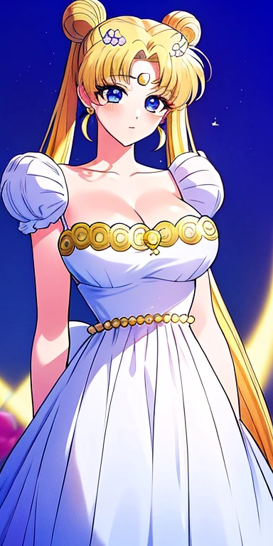 SMU Sagitsukino, 큰pectorals, Standing, Solo, Masterpiece, Best Quality, Detailed face, Detailed Eyes, high resolucion, Masterpiece, Best Quality, Detailed face, Detailed Eyes, high resolucion, Princess costume,tranquility,프린세스tranquility,네오퀸tranquility,pectorals,Big,거대한pectorals,풍만한pectorals.a blond,Dumpling head,왕pectorals,breast,forehead crescent moon,젖pectorals,흘러넘치는pectorals,voluptuousness,The dress,crescent moon on forehead