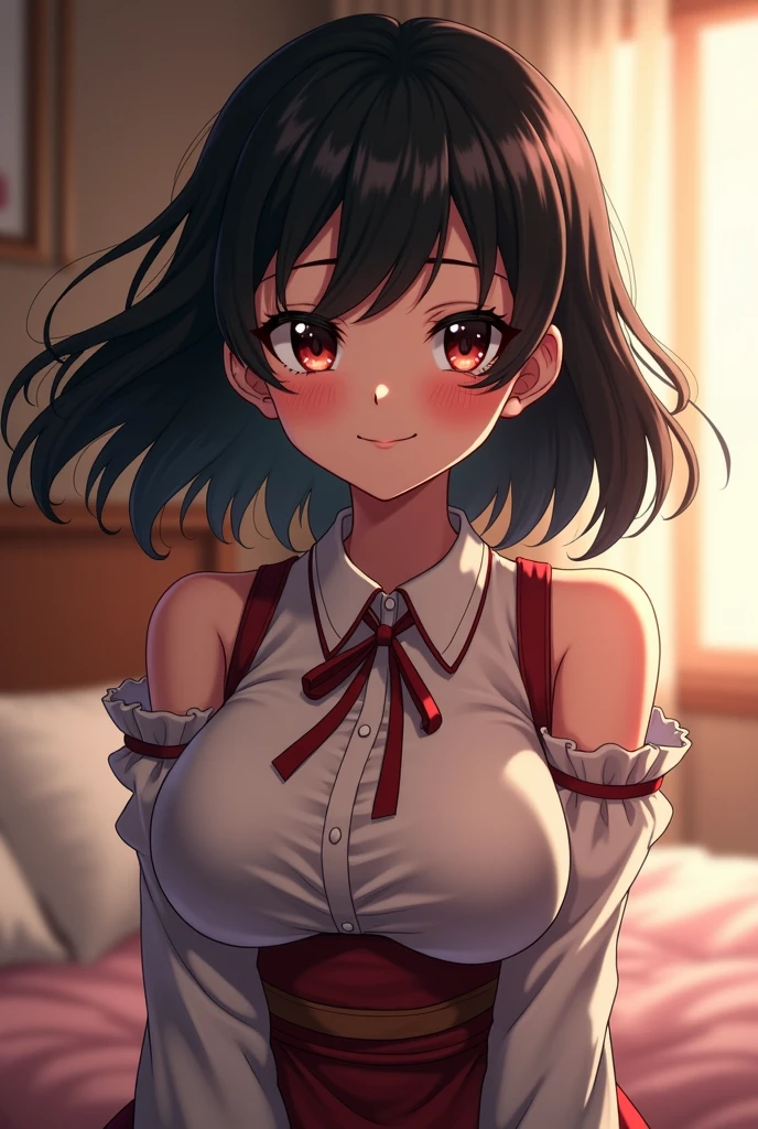 Little sister, cute bra, 8K, best quality, , smile, looking at camera, red cheeks, (school uniform), embarrassed, delicate hands, at home, love my brother, clear liquid leaking from crotch, black hair, bob hair, bog hair, showing off breasts, taking off clothes and showing off breasts, nipples, chest sticking out pose, cute pose, full body