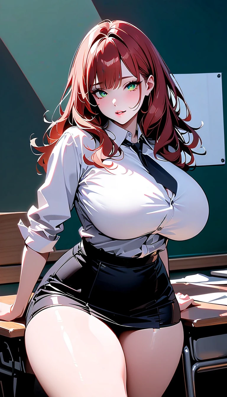 (high quality, 8k, 4K, high contrast, artwork:1.2, high quality, best aesthetics), (dynamic angle), ((1 woman)), (mature, erotic and sensual body), (super detailed, detailed face, detailed eyes, detailed mouth, perfect breast shape, wide thighs), (Caucasian white skin), (long, wavy red hair with small bangs), (light green eyes), (seductive and passionate facial expression), (sitting on top of a centralized desk looking at the viewer), (white dress shirt, black tie, short black skirt and long white socks with two black stripes at the tip of each sock), (empty classroom in the background with messy desks and a green blackboard with things written in chalk), (woman with penis), (futanari), (shemale), (hermaphrodite), (penis under skirt), (glans, scrotum), (erect penis), (legs open), (skirt raised)