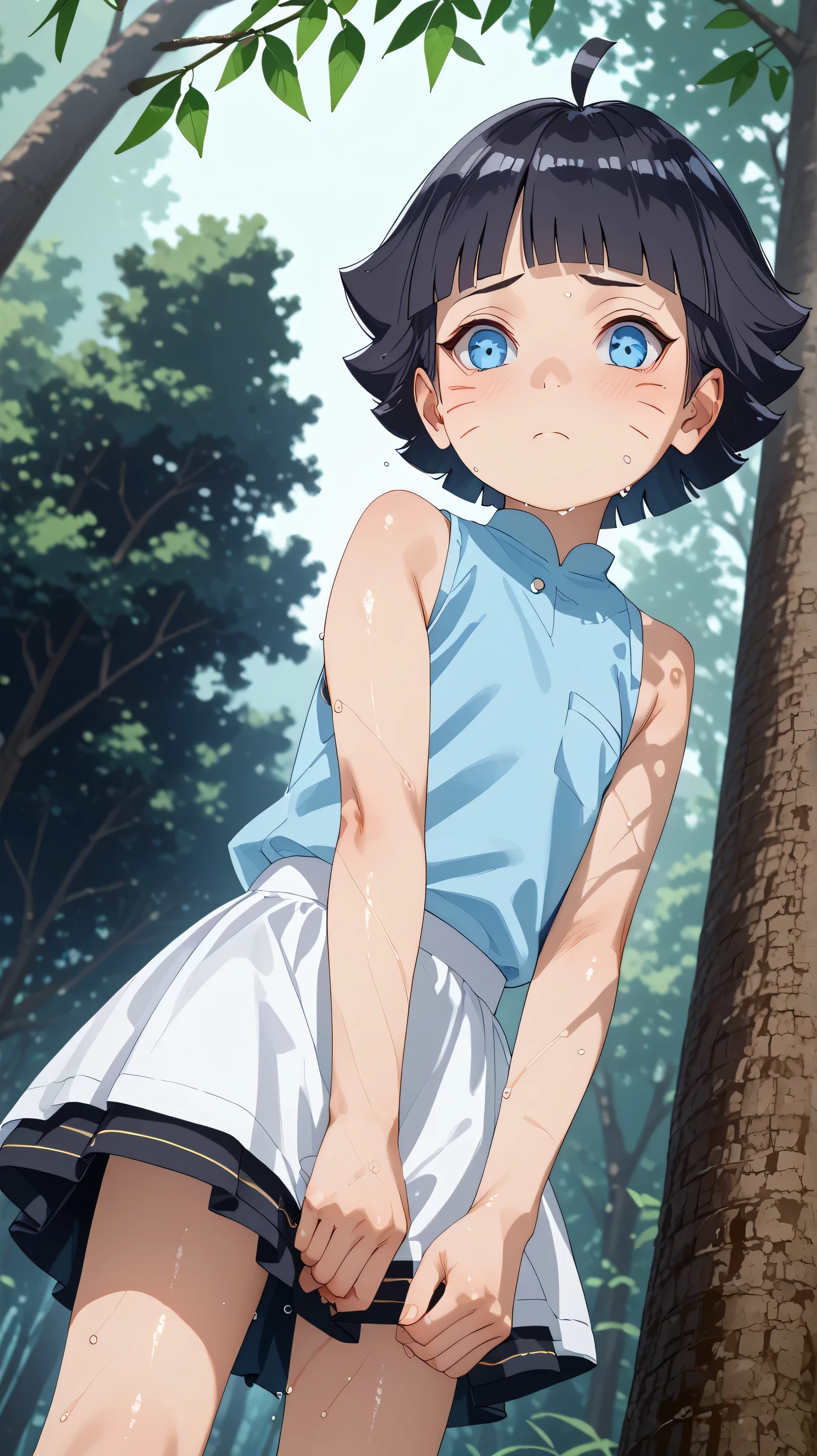 High Resolution, masterpiece, highest quality,
(himawari uzumaki, short hair, bangs, blue eyes, black hair, blunt bangs, facial mark, whisker markings, ahoge,),
(skirt, blue shirt, sleeveless shirt, neckline), Slightly open the mouth, Highly Detailed Eyes
(Impossible clothing, shiny skin), wet between legs, Vaginal lubrication drops
(leaning forward close to a trunk), (sweaty), (blushing, thrill)
(Rural Forest, leaves falling), 
Solo, 1girl, Depth Of Field, ((From Below)), Dutch Angle, Female Focus