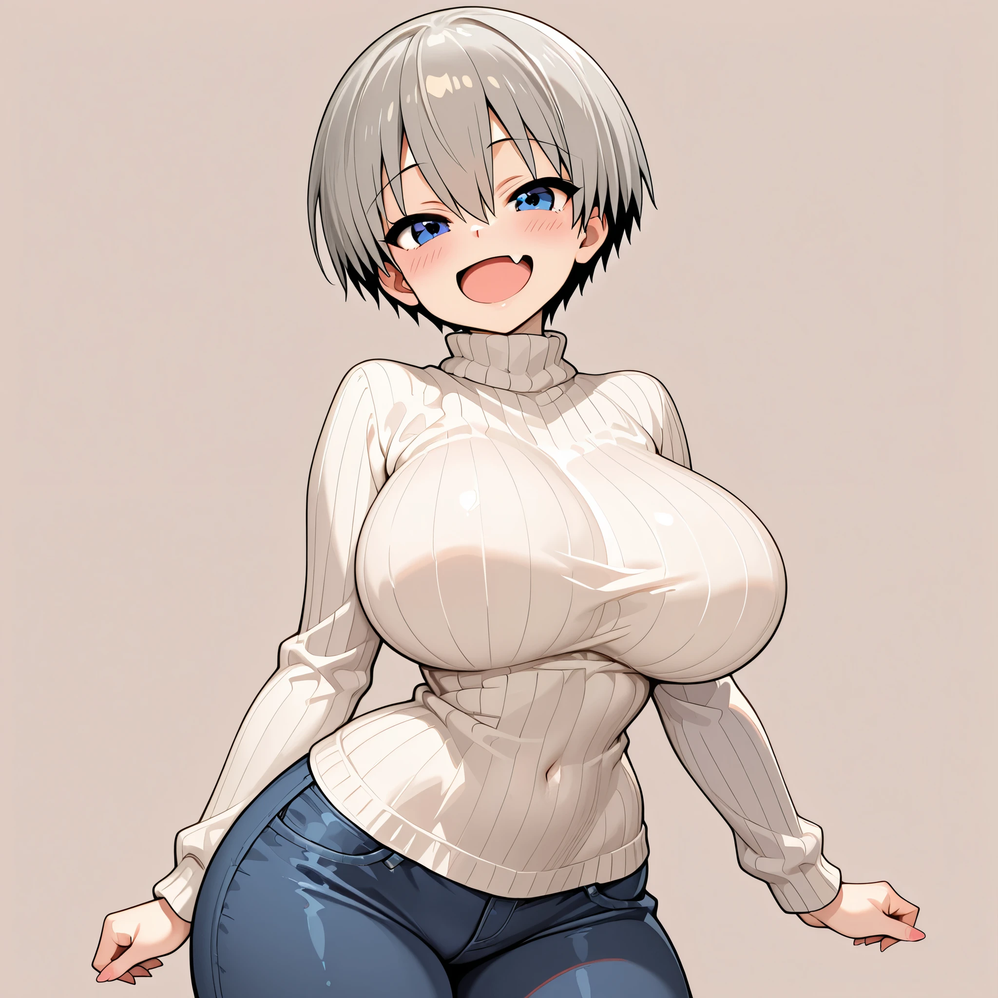 1girl, solo, uzaki hana, big breasts, narrow waist, wide hips, thighs, white ribbed turtleneck sweater, skinny jeans, smile, fang, cute, standing, looking at viewer, simple background, from the front view