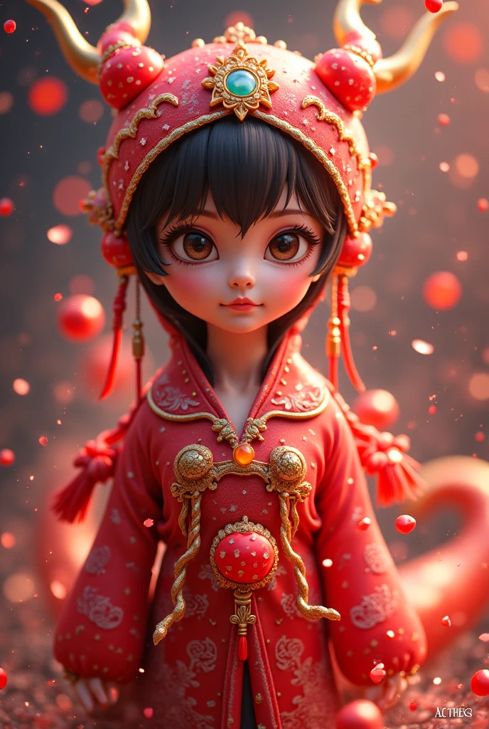 tully shaw style, （Close up of smiling cute zodiac dragon baby and chinese barbie girl：1.1），Wear a sense of luxury, Gorgeous fashionable winter cashmere wool craft ， Background with：Dark navy and fiery red，2024 new year elements，golden ornaments，heavy snow ground， Apply exquisite skills and superb technology，Weave wool into a variety of styles and textures，Pay attention to the edge of the sweater、sutured、Details such as stitching ensure smooth lines of the sweater、Smooth and traceless，Demonstrate perfect craftsmanship quality。 Cute 3d rendering，Cute and detailed digital art，Miniature feeling，stylized 3d render，3d rendered figure art 8k，lovely digital painting，Anime style 3D，Ultra-detailed rendering，hyper HD, tmasterpiece, Acura, ctextured skin, super detailing, high detal, high high quality, Award-Awarded, Best quality, A high resolution, 16k,