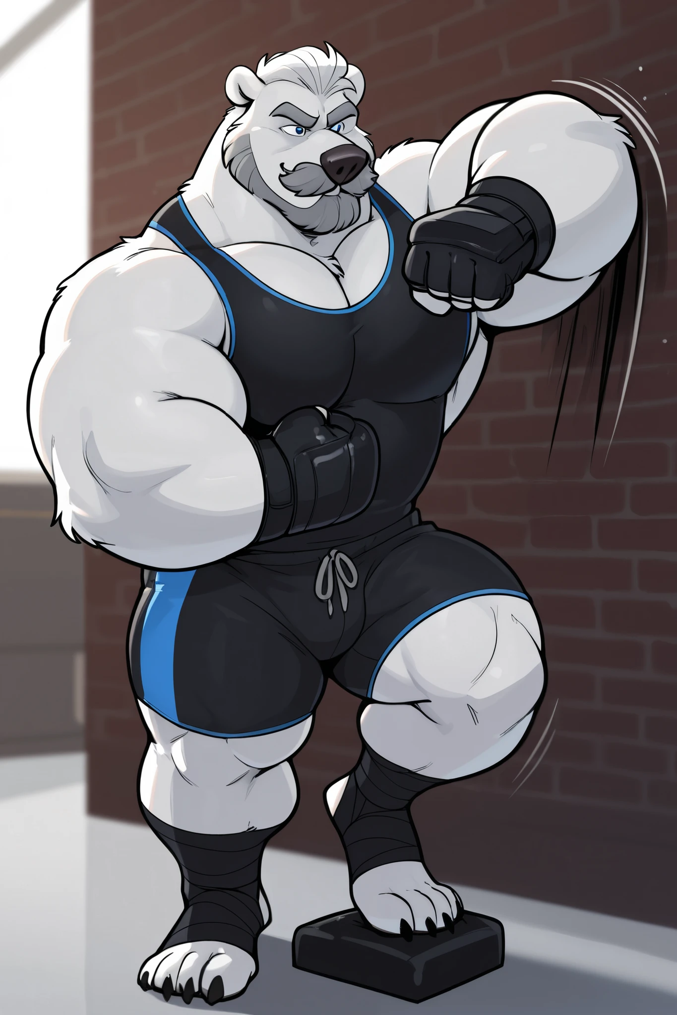 Huge muscular thick Bear bodybuilder shirtless in black gym shorts and wristbands flexing and posing at the mirror looking at his muscles pumped.