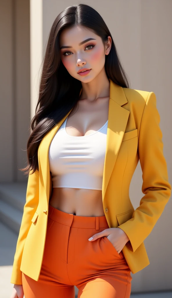 (8K, Best quality, Masterpiece, Realistic, Photorealistic, Ultra detailed:1.3), (1girll, Beautiful Japanese), (blazer jacket, Tight pants:1.3), Smile, (gigantic cleavage breasts, cleavage:1.2), (Naked, Topless:1.3), bangs, navel, (Narrow waist, full bodyesbian, slenderlegs, High heels:1.3), necklace, wristwatch, bag, Dynamic posing,