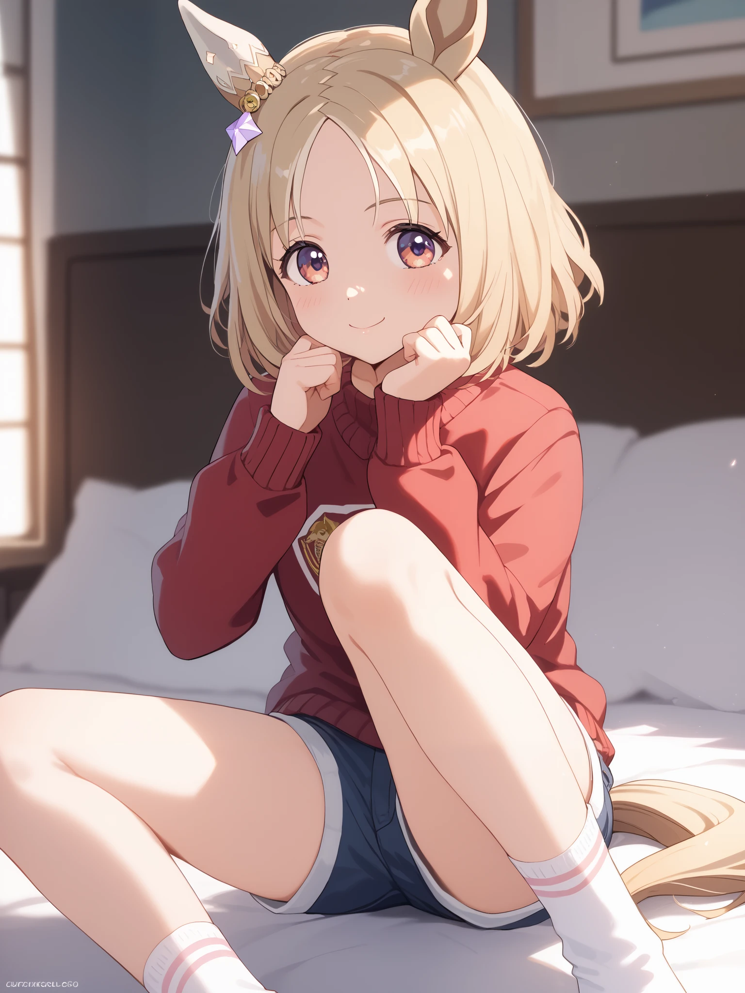 Narita, horse tail, short hair, animal ears, ear ornament, ear covers, single ear cover,1 girl, Alone, anime style,cute girl,Best Quality, super detailed, anime style,8k, high resolution, detailed face, Character's Upgraded Image,((shy face)),I'm dyeing my cheeks a little red,looking here,((brown sweater)),((light blue micro mini loungewear shorts perched on the edge of a beige bed)),(room),((Perched on the edge of a beige bed)),(( on the way to wearing socks )),morning,((Smooth Thighs)),((An upshot from the thigh)),seen from an oblique front,
