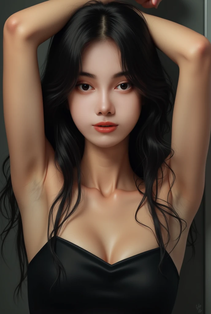 zydink, monochrome, ink sketch, 1women, asian (young women), (long hair), looking at viewer, long hair, floating hair, cleavage, gigantic breasts, (abstract ink splash:1.2), white background