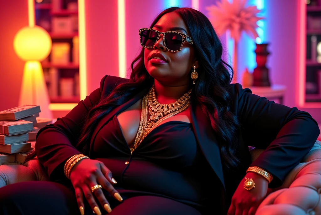 luxury business skirt suit,A fat body that looks like its clothes will burst with muscles,Create a high-resolution realist 3d image of a dark skin toned melanin elegant woman with a findom dominant and commanding persona and Prescence wearing luxurious attire, such as a tailored suits or designer dress, and posed in a confident stance. full body tall and plus size curvey body 5'9 265 lbs This mage should exude power, control, and sophistication, with a hint of mystery. the back ground is skyscraper