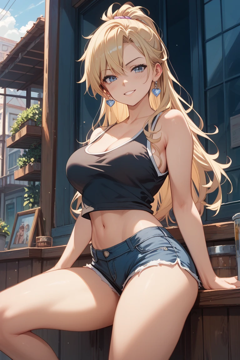 Best quality
ultra-detailed
Slender body type
Mediterranean island cafe
Late golden time
Sitting on the chair
White Blond hair
Ponytail with red ribbon
Simple necklace
Simple bracelet
Sparkling dark blue-green eyes:0.6
Slightly lager breasts
Cute pink nipple
Very happy Open-mouth smile:1.4
Blush
Wearing denim hot pants
Show off breasts
From above
Full body:1.4
squint down turned eyes
Looking away:0.8