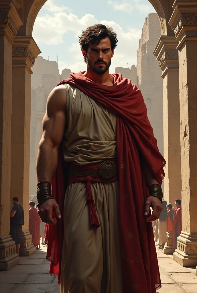 Rome in Italy, muscular man, wearing robe, long dark brown hair, brown beard and mustache, Roman