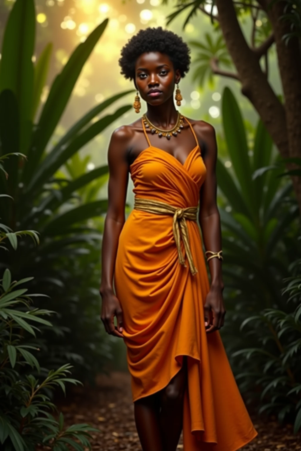 un femme noire séduisante, mince, grande de taille, avec des hanches larges, une forte poitrine, des lèvres charnues, des yeux en amande, des cheveux tressés, les pieds nus, portant des bijoux en or, vêtue d'une robe africaine ajustée, elle se trouve dans un paysage africain, près d'un cours d'eau, avec des animaux et des jarre remplies d'eau