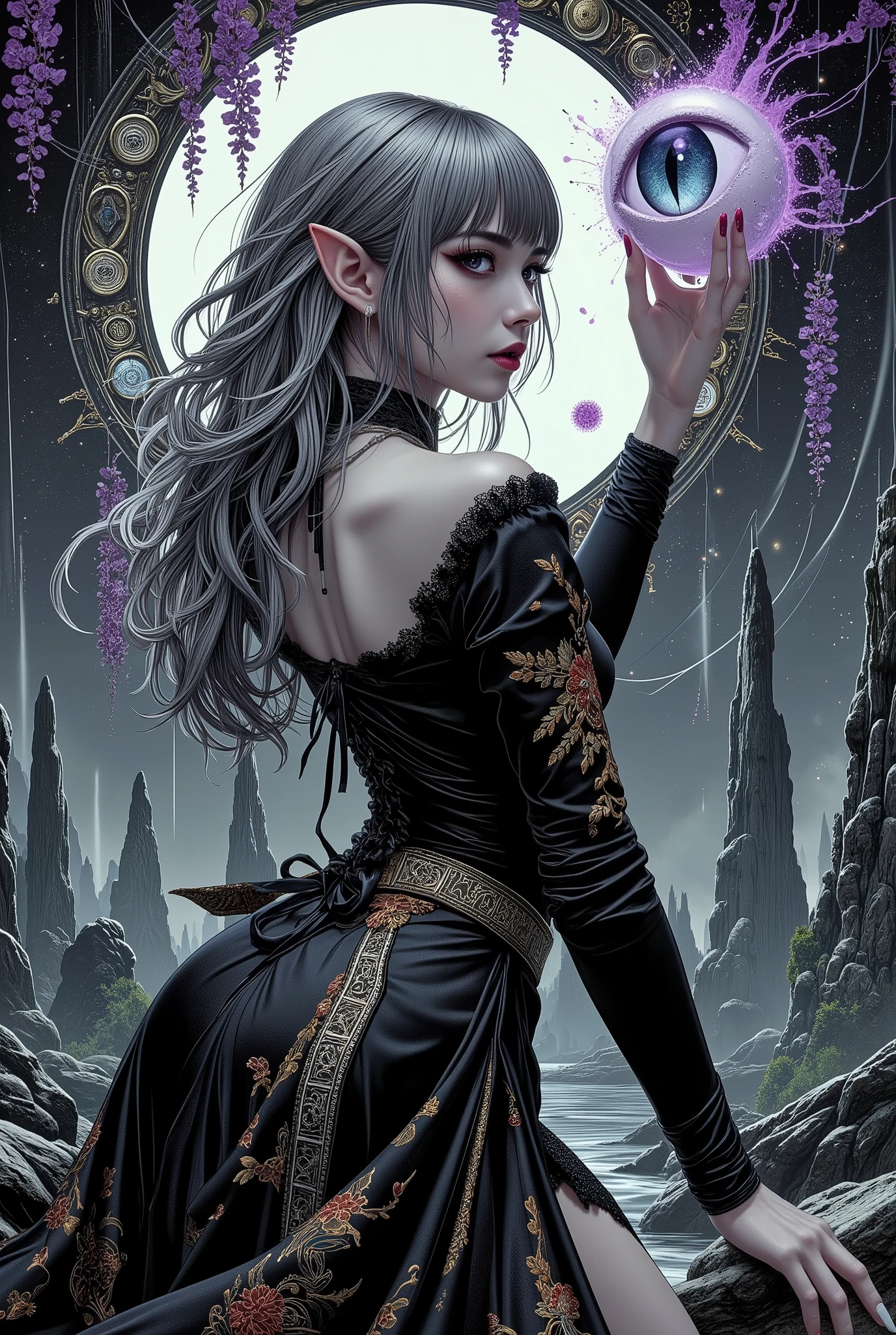 (Ultra-detailed face, Looking away, Gothic Illustration, Dark tone colors. She has five fingers on her hands and five toes on her feet.), BREAK (Light gray ink rolls across the dark gray underwater-like space, spreading slowly like a cloud. The landscape looks down from above.), BREAK (The dark elven female fortune teller turns her back, twists her body in a daring pose, and assumes an oblique posture. She reaches up and pulls out a realistic giant cat's eye prosthesis, a futuristic mechanical device 10 feet in diameter, from a magic circle-like portal made of multiple snoring circles that glow purple in the air. The prosthetic eye stares back at us.), BREAK (She has gray hair, gray eyebrows, blunt bangs, long wavy messy hair down to her heels, small pink lips, golden cat eyes, dark gray skin, and thick eyeliner.), (She wears a black and gold machine-made ribbon tie and a lace-up dress of black machine-made fabric with silver lace ruffles and embroidered red-copper wisteria flowers. She wears silver-white machine heels.)