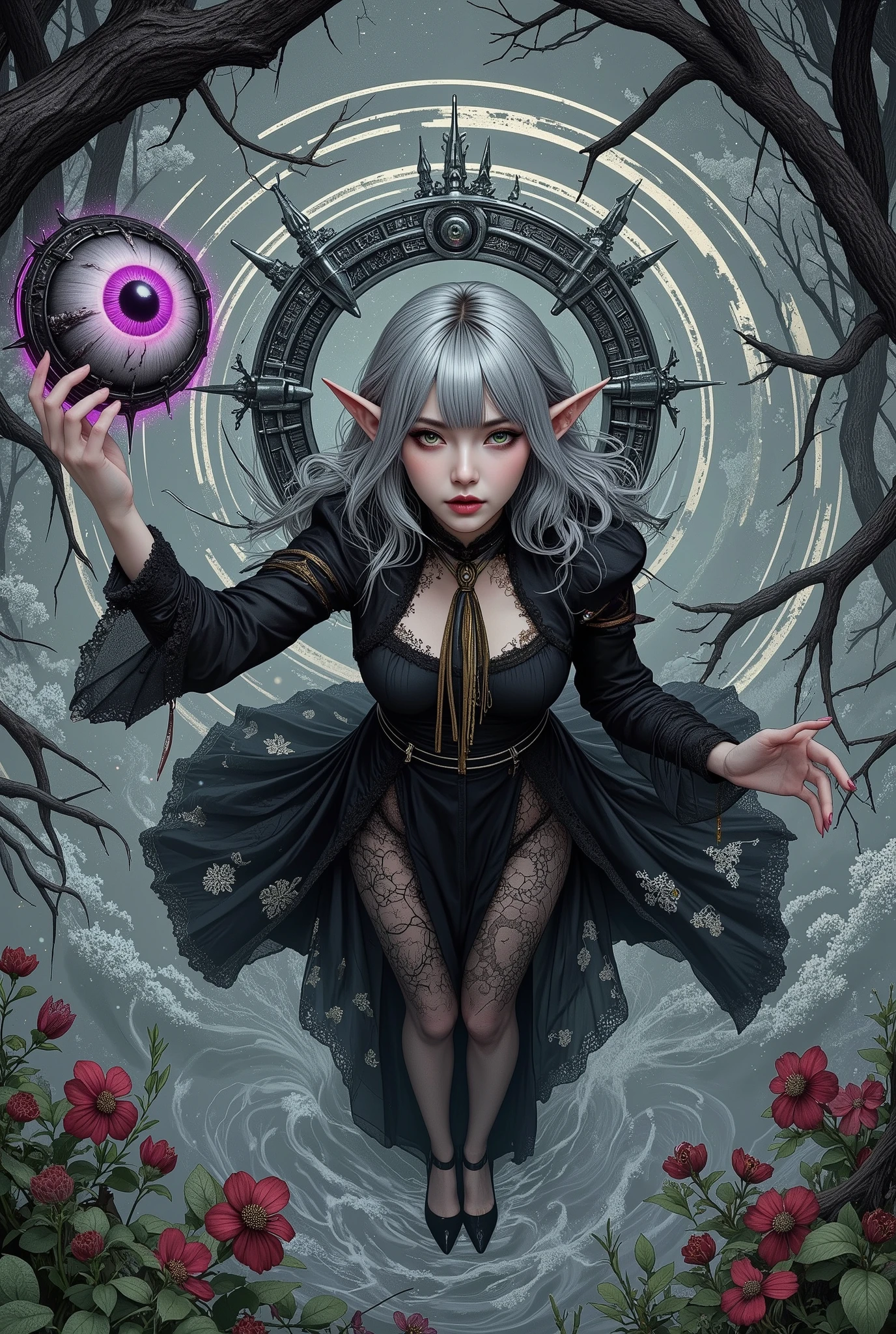 ((((The dark elven female, Ultra-detailed face, Looking away, Gothic Illustration, Dark tone colors. She has five fingers on her hands and five toes on her feet), , dark gray skin, and thick eyeliner, Fortune Teller), from above), Alone, from above,
(She has gray hair, gray eyebrows, blunt bangs, long wavy messy hair down to her heels, small pink lips, golden eyes of cat detailed, shining gold),
(She wears a black and gold machine-made ribbon tie and a lace-up dress of black machine-made fabric with silver lace ruffles and embroidered red-copper wisteria flowers. She wears silver-white machine heels)), from above,
(She reaches up and pulls out a realistic giant cat's eye prosthesis, a futuristic mechanical device 10 feet in diameter, from a magic circle-like portal made of multiple snoring circles that glow purple in the air),
(She turns her back, twists her body in a daring pose, and appear an oblique posture. she and the prosthetic eye stares back at us),
(the light gray sky dissolves into the water, and dyes the world around her like ink), from above,