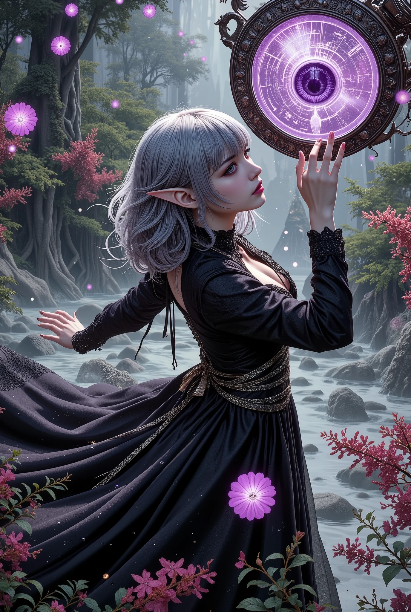 ((((The dark elven female, Ultra-detailed face, Looking away, Gothic Illustration, Dark tone colors. She has five fingers on her hands and five toes on her feet), Fortune Teller), from above), Alone,
(She has gray hair, gray eyebrows, blunt bangs, long wavy messy hair down to her heels, small pink lips, golden cat eyes, dark gray skin, and thick eyeliner),
(She wears a black and gold machine-made ribbon tie and a lace-up dress of black machine-made fabric with silver lace ruffles and embroidered red-copper wisteria flowers. She wears silver-white machine heels)), from above,
(She reaches up and pulls out a realistic giant cat's eye prosthesis, a futuristic mechanical device 10 feet in diameter, from a magic circle-like portal made of multiple snoring circles that glow purple in the air),
(She turns her back, twists her body in a daring pose, and appear an oblique posture. she and the prosthetic eye stares back at us),
(the light gray sky dissolves into the water、and dyes the world around her like ink)