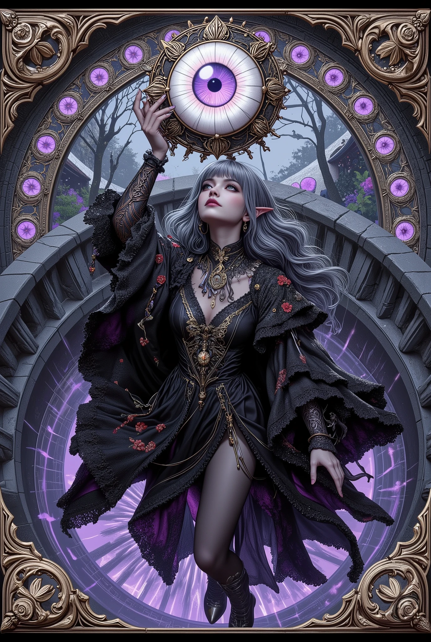 ((((The dark elven female, Ultra-detailed face, Looking away, Gothic Illustration, Dark tone colors. She has five fingers on her hands and five toes on her feet), Fortune Teller), from above), Alone,
(She has gray hair, gray eyebrows, blunt bangs, long wavy messy hair down to her heels, small pink lips, golden cat eyes, dark gray skin, and thick eyeliner),
(She wears a black and gold machine-made ribbon tie and a lace-up dress of black machine-made fabric with silver lace ruffles and embroidered red-copper wisteria flowers. She wears silver-white machine heels)), from above,
(She reaches up and pulls out a realistic giant cat's eye prosthesis, a futuristic mechanical device 10 feet in diameter, from a magic circle-like portal made of multiple snoring circles that glow purple in the air),
(She turns her back, twists her body in a daring pose, and appear an oblique posture. she and the prosthetic eye stares back at us),
(the light gray sky dissolves into the water、and dyes the world around her like ink)