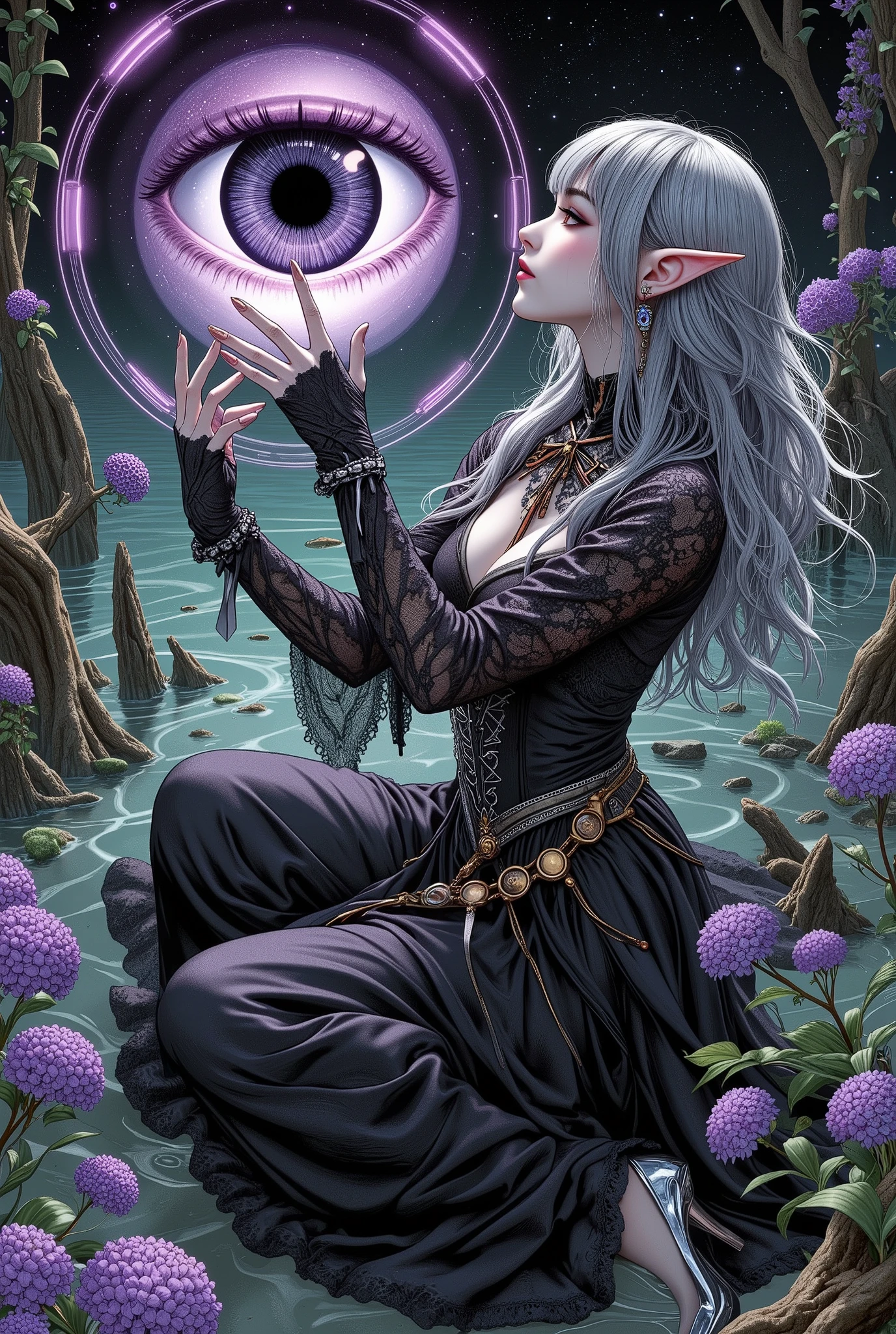 ((((The dark elven female, Ultra-detailed face, Looking away, Gothic Illustration, Dark tone colors. She has five fingers on her hands and five toes on her feet), Fortune Teller), from above), Alone,
(She has gray hair, gray eyebrows, blunt bangs, long wavy messy hair down to her heels, small pink lips, golden cat eyes, dark gray skin, and thick eyeliner),
(She wears a black and gold machine-made ribbon tie and a lace-up dress of black machine-made fabric with silver lace ruffles and embroidered red-copper wisteria flowers. She wears silver-white machine heels)), from above,
(She reaches up and pulls out a realistic giant cat's eye prosthesis, a futuristic mechanical device 10 feet in diameter, from a magic circle-like portal made of multiple snoring circles that glow purple in the air),
(She turns her back, twists her body in a daring pose, and appear an oblique posture. she and the prosthetic eye stares back at us),
(the light gray sky dissolves into the water、and dyes the world around her like ink)