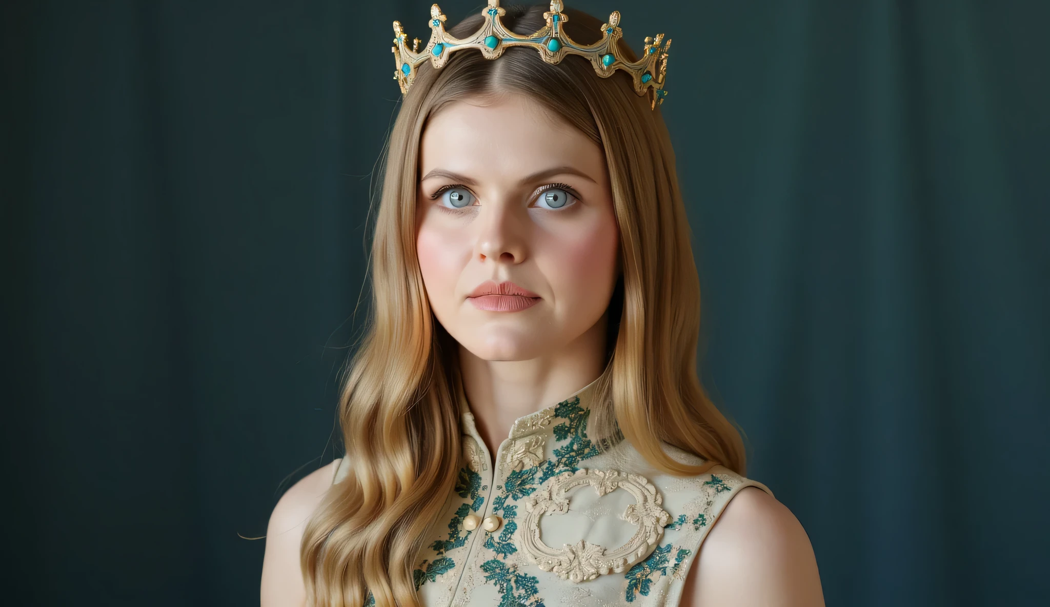 official portrait, full view of a queen, a 30 years old woman, very long blond hair, blue eyes, slim, she wears a futurist cream and blue dress made from a mix of printed circuit board alloy and leather fabric, futurist crown, no background