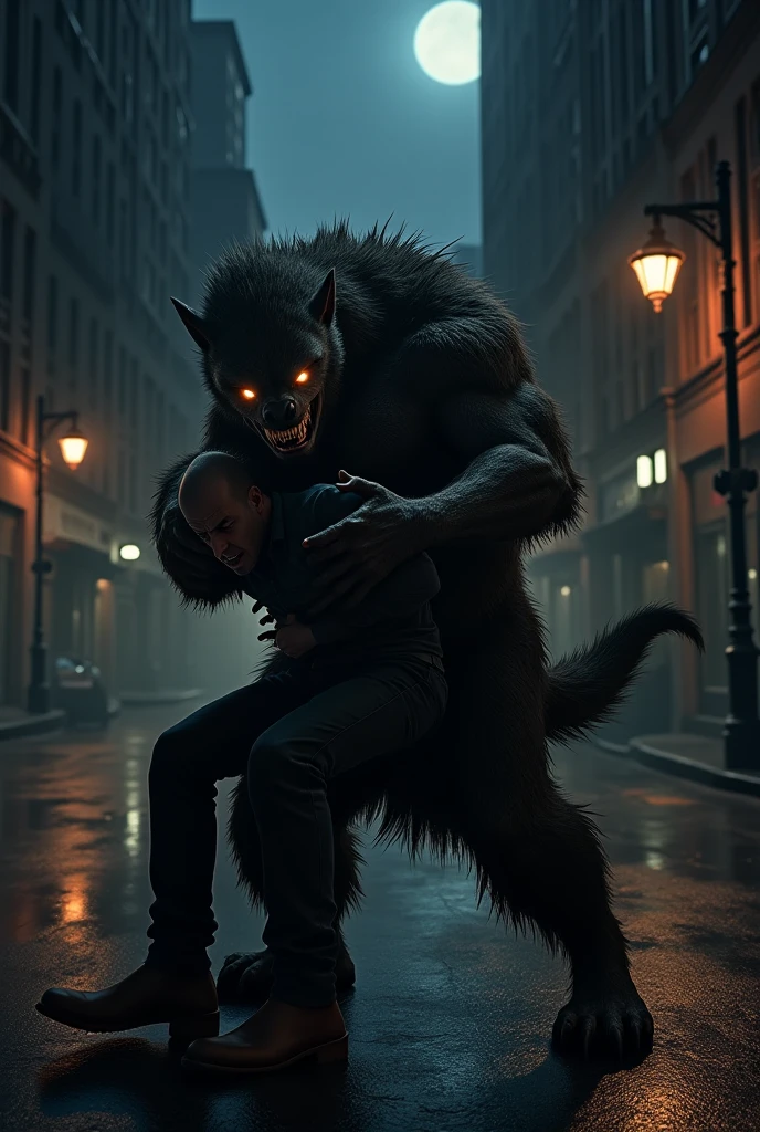 Werewolf in a dark corridor between two buildings, shadow, red eyes, maximum detail, masterpiece, HDR, hyper realistic, humanoid wolf, scary, perfect high quality ((terror)) ((maximum quality)) lican, still hairy lican, perfection