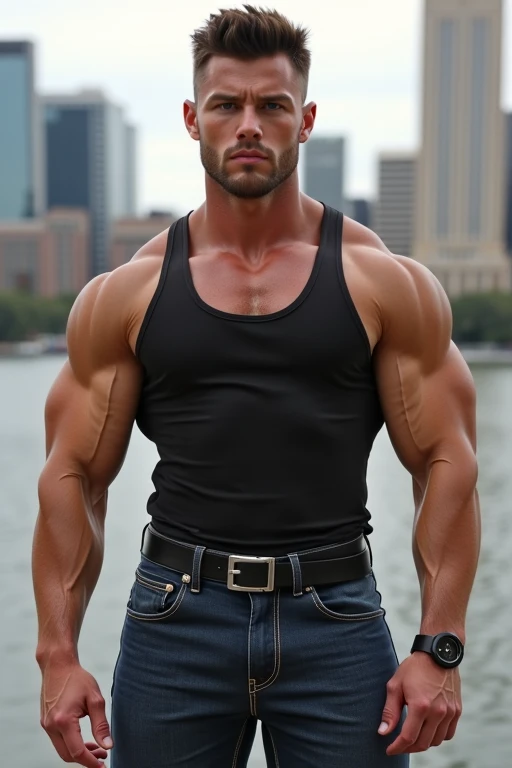 zeke_jaeger, tank top, street, hairy chest, ultra realistic, arms crossed on chest, hairy arms, front view, sweat, tattoos, <lora:muscle_slider_v1:1> <lora:zeke:0.5>