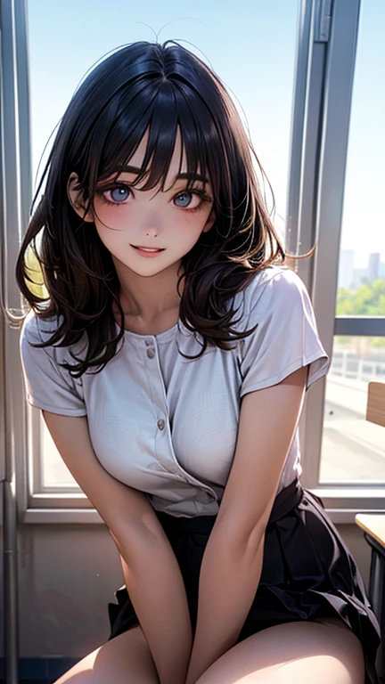 (masterpiece), (highest quality), (Super detailed), Two Girls, blush, ((lift up:1.2)), Happy, View Viewer, Big Hair, Brown Hair, wood々In a park with,bench, shy ,sit on the bench, ((slender)) ,anxiety, blush, mischief,From below,The body is slim,(Shiny skin),  from the front, From above,Long wet ears, ((topless:1.2))