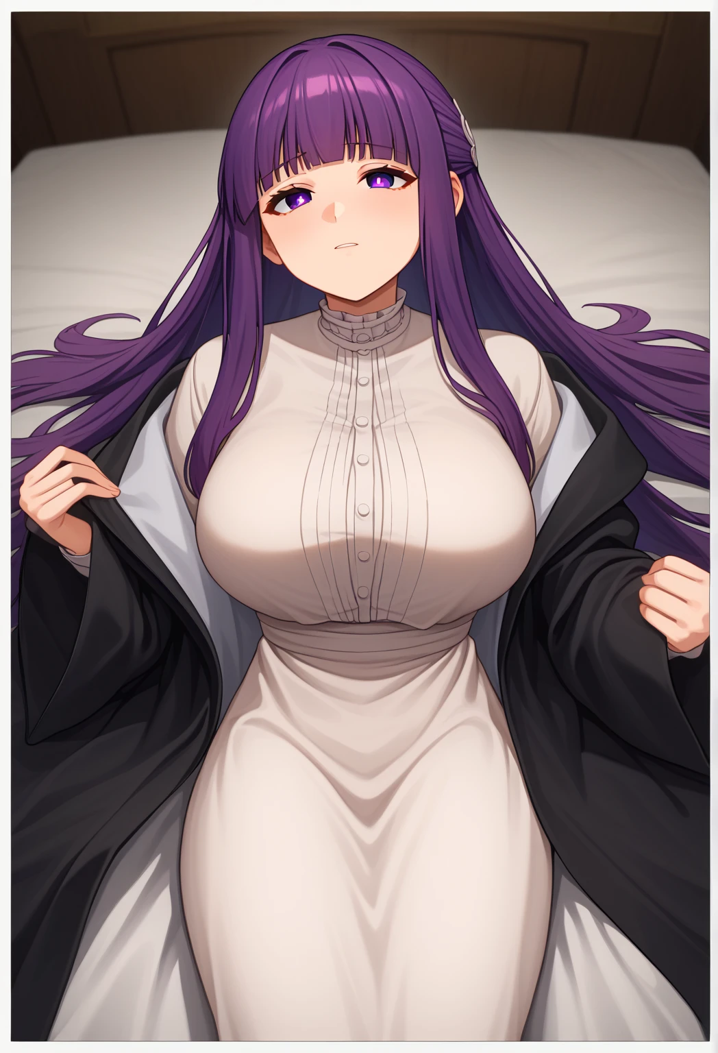 Keep away from freezing, anime, Big Breasts, White Dress, Black long coat, smile, sexy, Big Breasts sagging under dress, Sweaty, Purple Hair