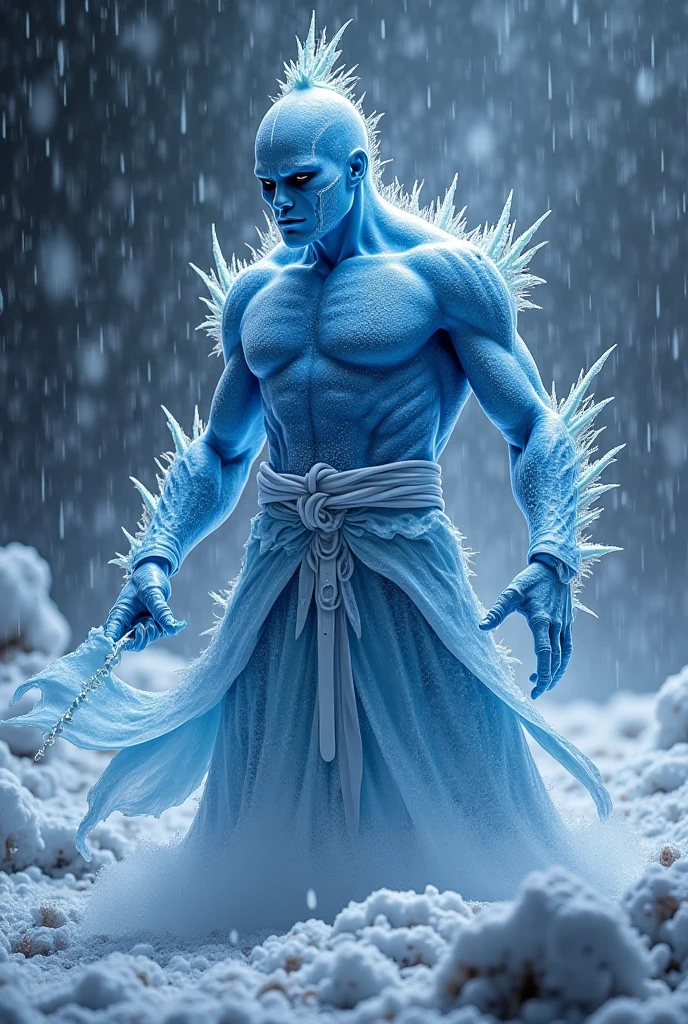 full body photorealistic, young ice man, with medium white hair, white clothes,with a vibrant look, shirtless. Handsome hunky ripped abs toned body and arms..winter as background 
