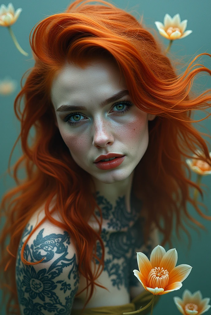 large format 8k quality photo of a woman with red hair and tattoos posing in a green vine, in the jungle covered in fractal vines, anthropomorphic plants, cinematic lighting, shot on ARRI ALEXA 65 with 50mm lens