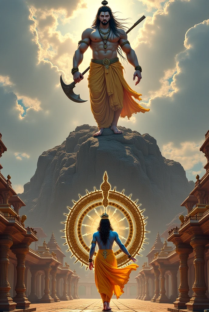 A warrior bowing down to a huge idol of Krishna god , the best warrior from losing battles should be the best with blood and sword and hardships.
Fire and the world destroying in the background .the warrior should have wounds all over his body with a sword in his hand and in black clothes