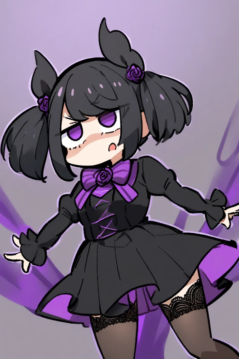masterpiece,highres,best quality,scenery,1girl,solo,<lora:string-wasabiya:1>,suspstring,(beautiful eyes, red eyes , purple hair , beautiful face),cowboy shot,expressionless,white background ,full body,standing,suspension,midair,doll joints,short sleeves,skirt,head tilt,outstretched arms,
