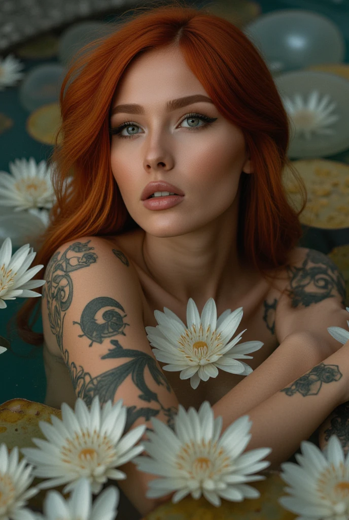 medium female model. She has fair skin, bright red hair that is shoulder-length in front and goes past her hips at the back, and light aqua eyes. She also has a red tattoo in the shape of a lotus flower on her back, which is only present on her default outfit.